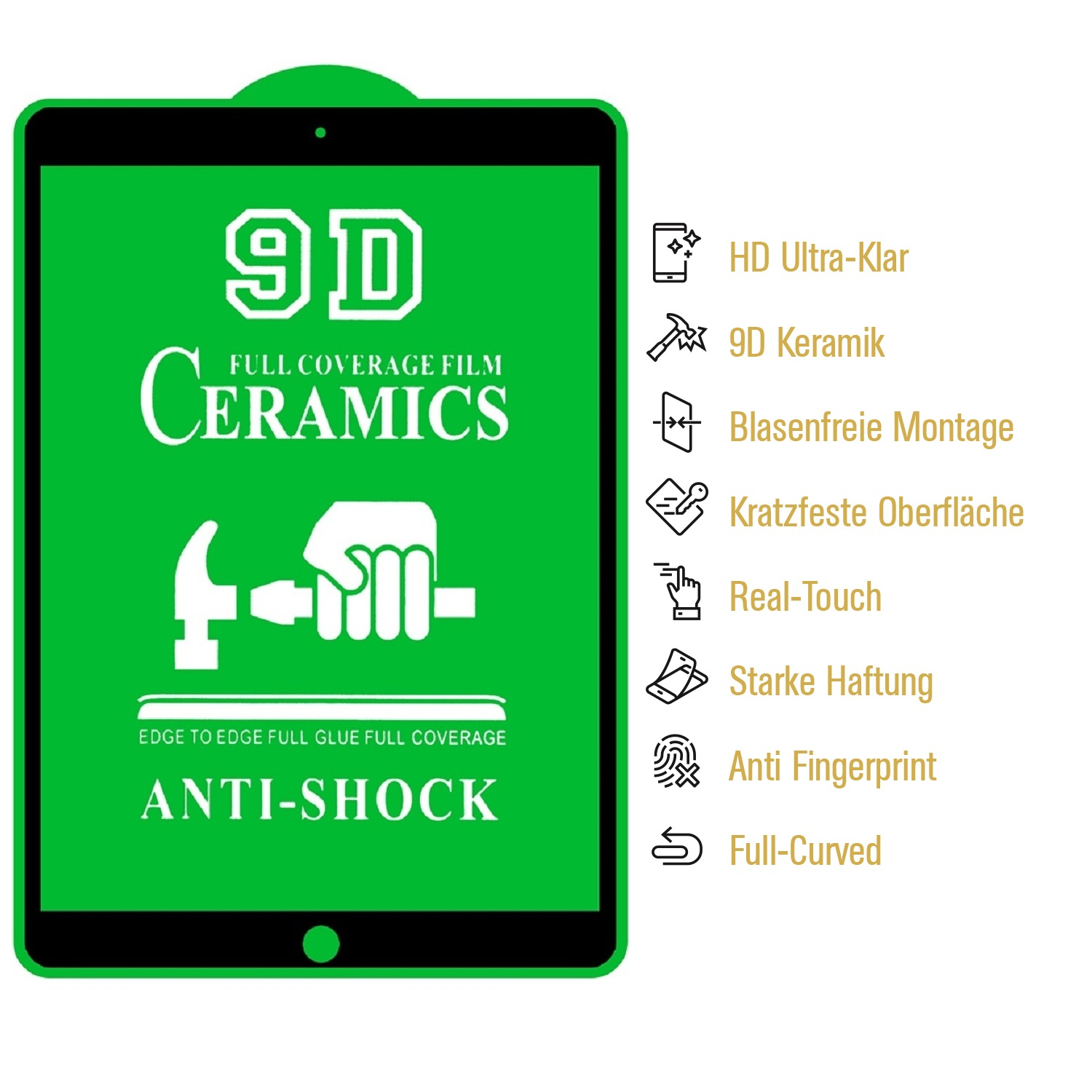 Eine grüne Displayschutzfolie für ein Tablet. Sie zeigt den Text '9D Ceramics', 'Anti-Shock' und Symbole, die Funktionen wie HD und Anti-Fingerprint beschreiben.