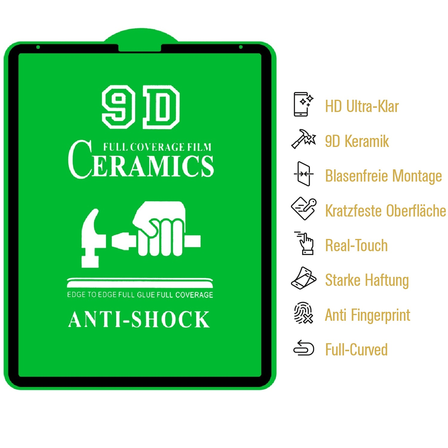 Ein grünes Rechteck mit Text: 9D Ceramics, Anti-Shock und Symbolen für Funktionen wie HD-Klarheit, Kratzfestigkeit und Fingerabdruckresistenz.