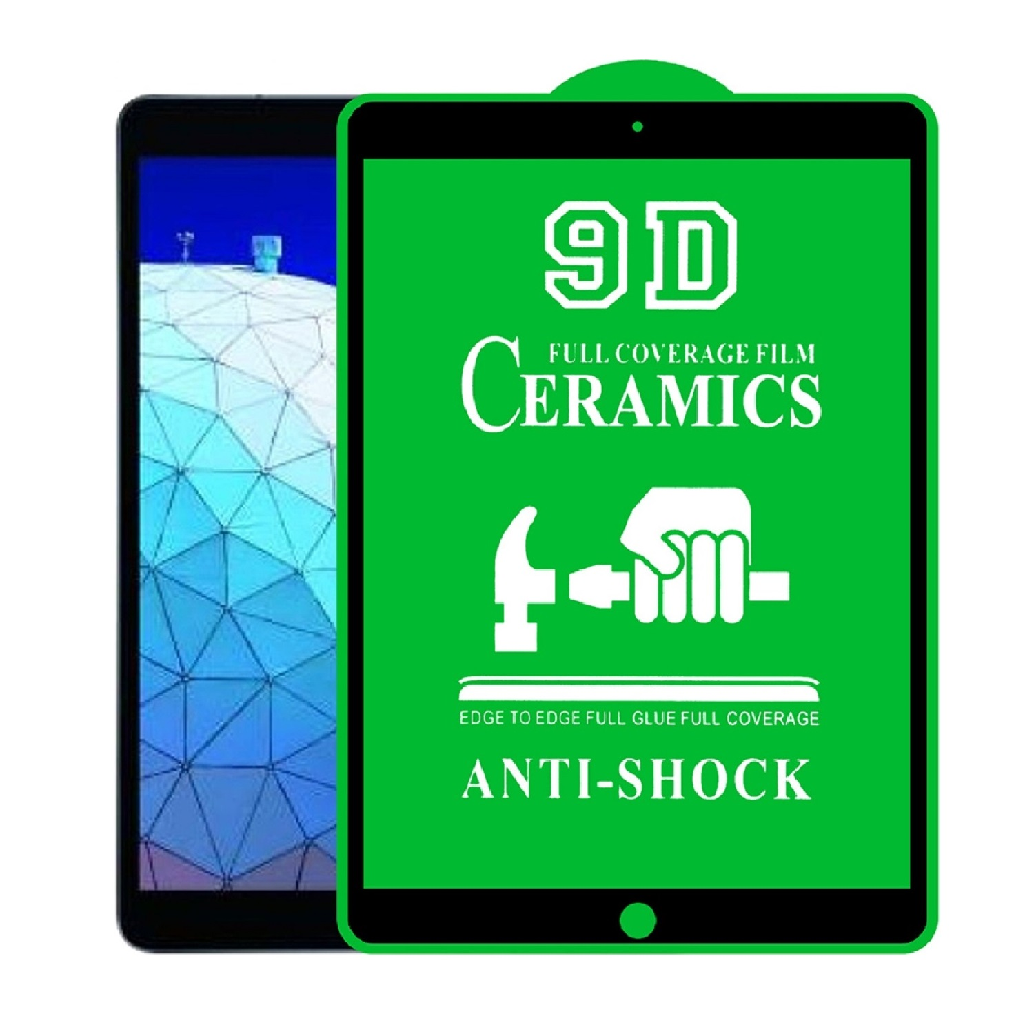 Zwei Tablets, eines mit Displayschutzfolie. Der Displayschutz ist grün, mit weißem Text: '9D Keramik Anti-Schock'.