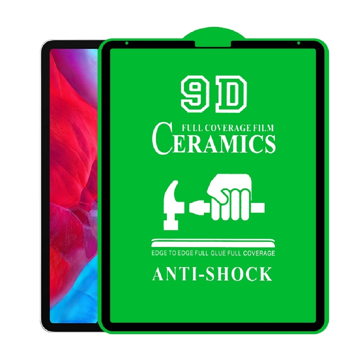 Ein grüner Displayschutz für ein Tablet mit weißem Text: '9D Ceramics Anti-Shock'.