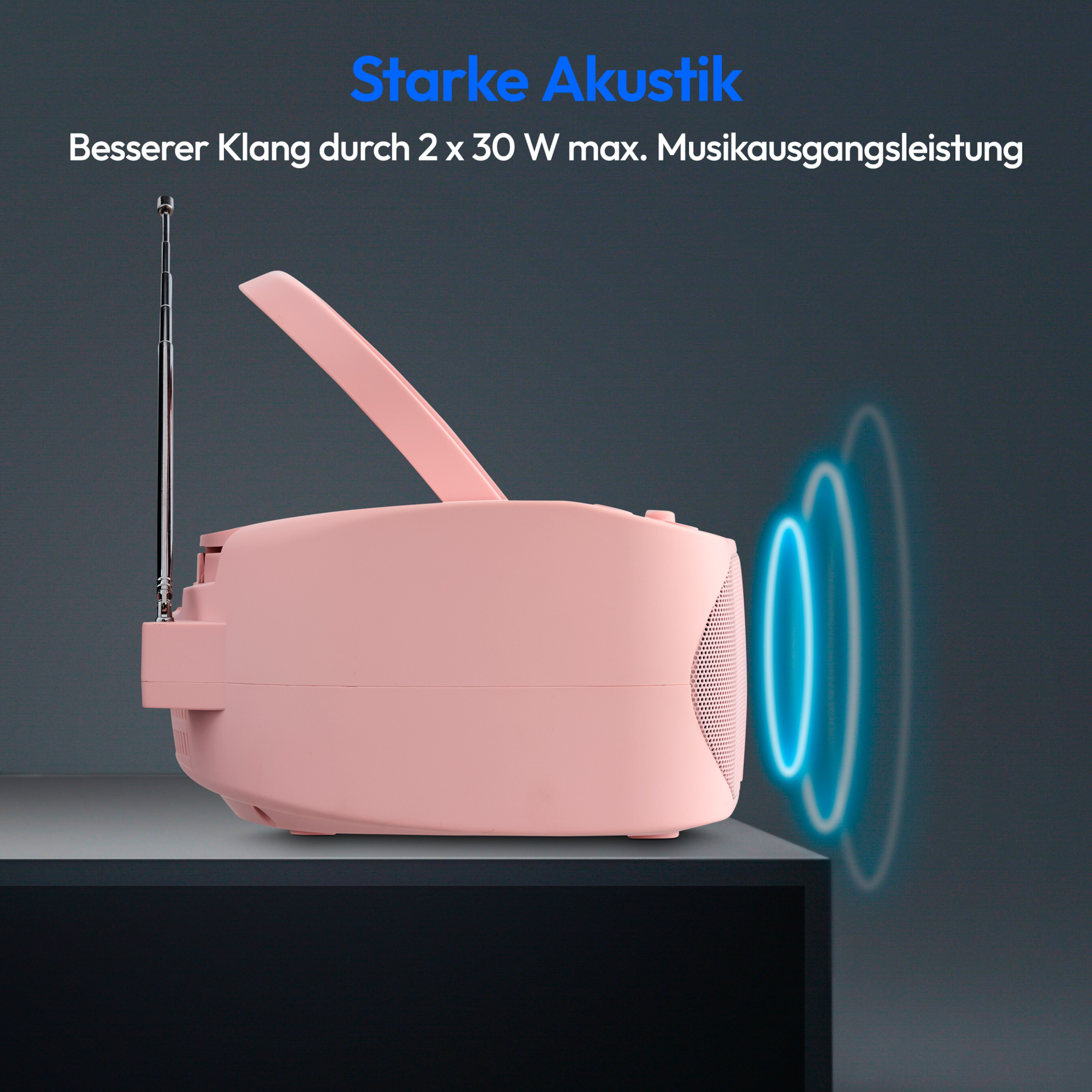 Rosa Radio mit offenem Deckel und Antenne. Blaue Schallwellen gehen von seinem Lautsprecher aus.