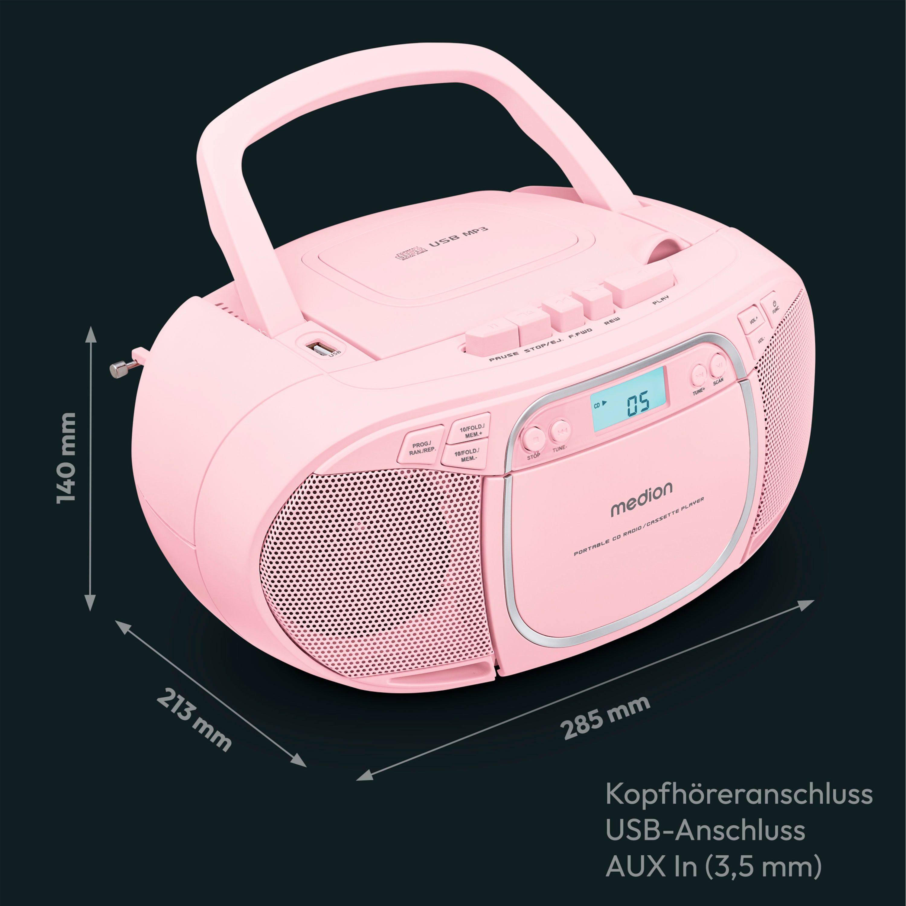 Rosa tragbarer CD- und Kassettenrekorder. Er hat einen Griff, Knöpfe und ein Digitaldisplay, mit Maßangaben.