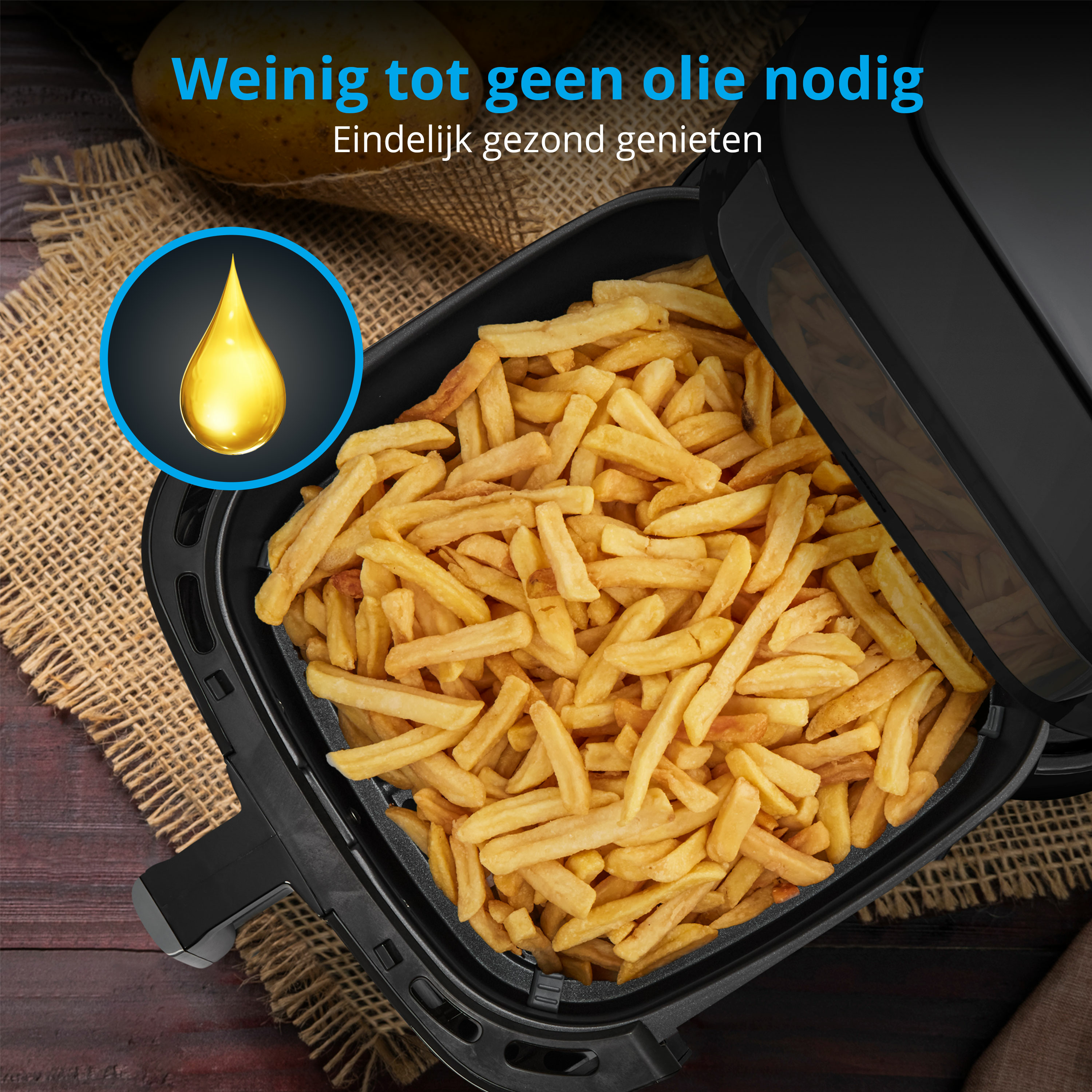 Frytownica powietrzna ze złotymi frytkami. Kropla oleju wskazuje na małą potrzebę oleju. Tekst mówi 'Ciesz się zdrowiem'.