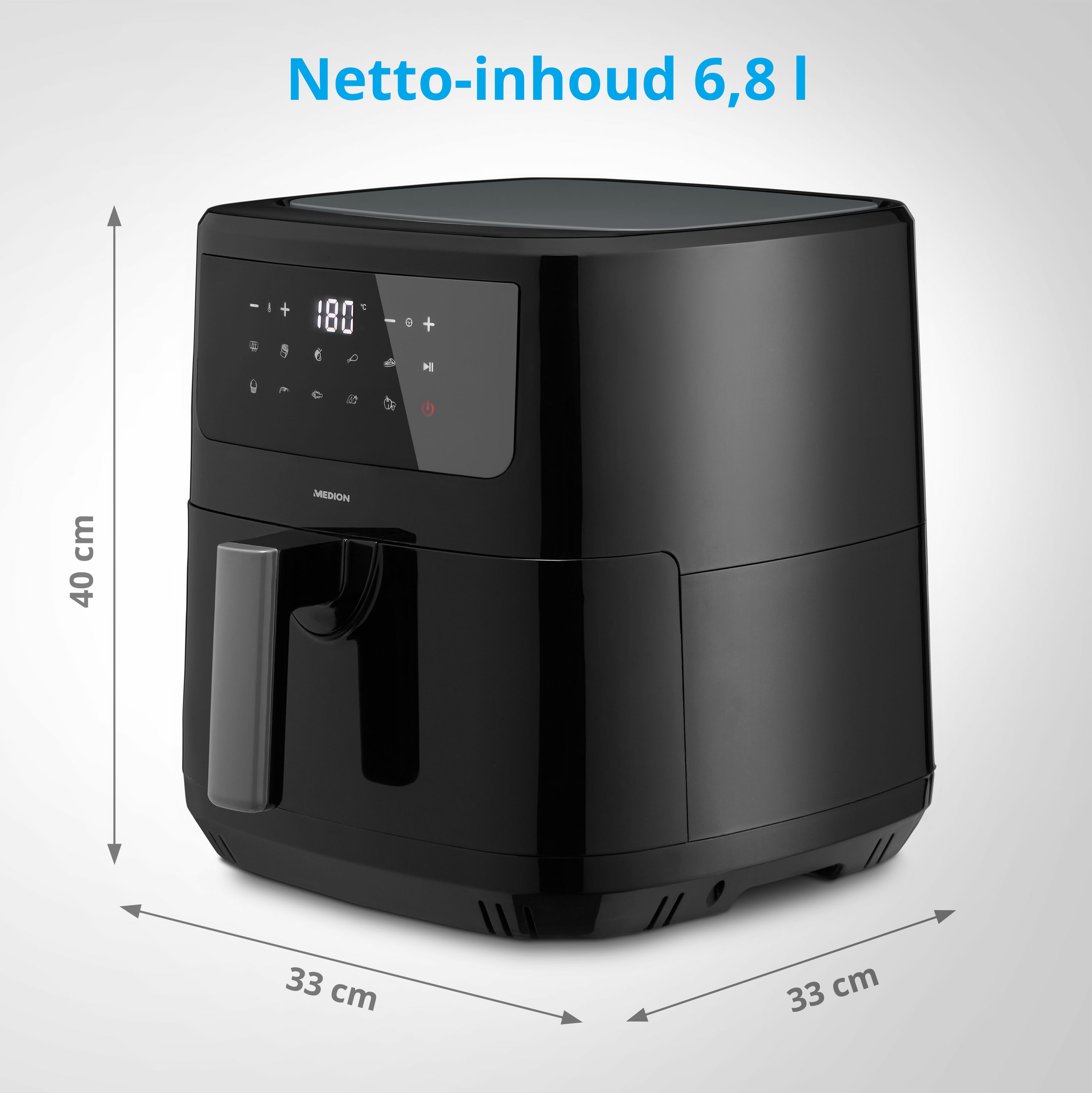 Czarna frytkownica powietrzna z panelem sterowania, wymiarami i tekstem 'Netto-inhoud 6,8 l' na górze.