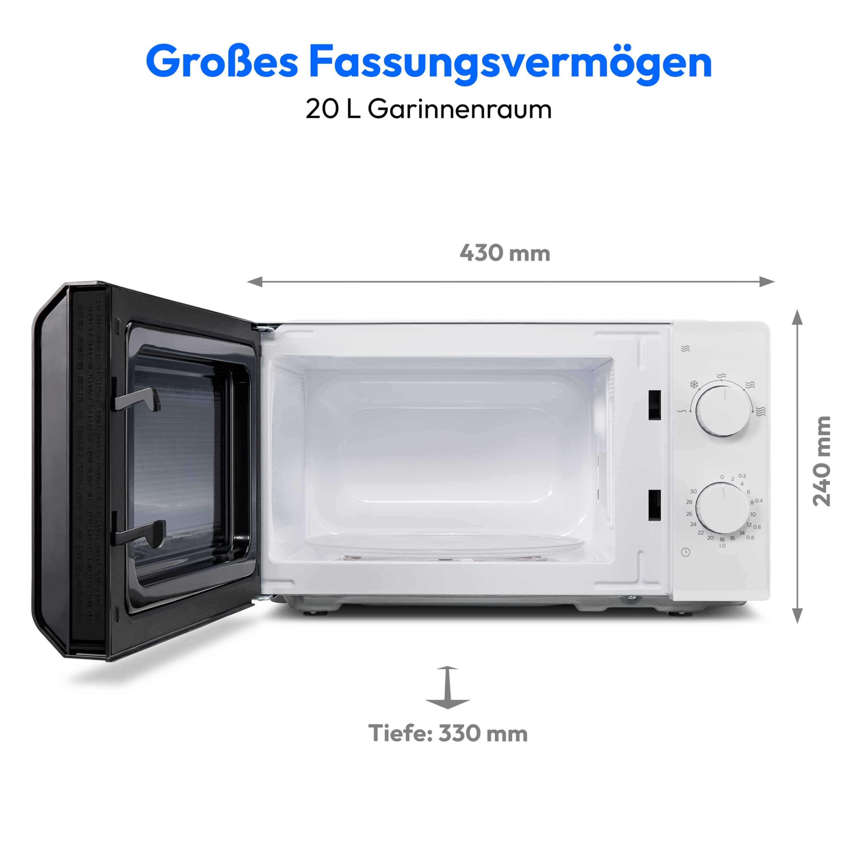 Biała kuchenka mikrofalowa z otwartymi drzwiami, pokazująca wnętrze. Wymiary i pojemność opisane po niemiecku.