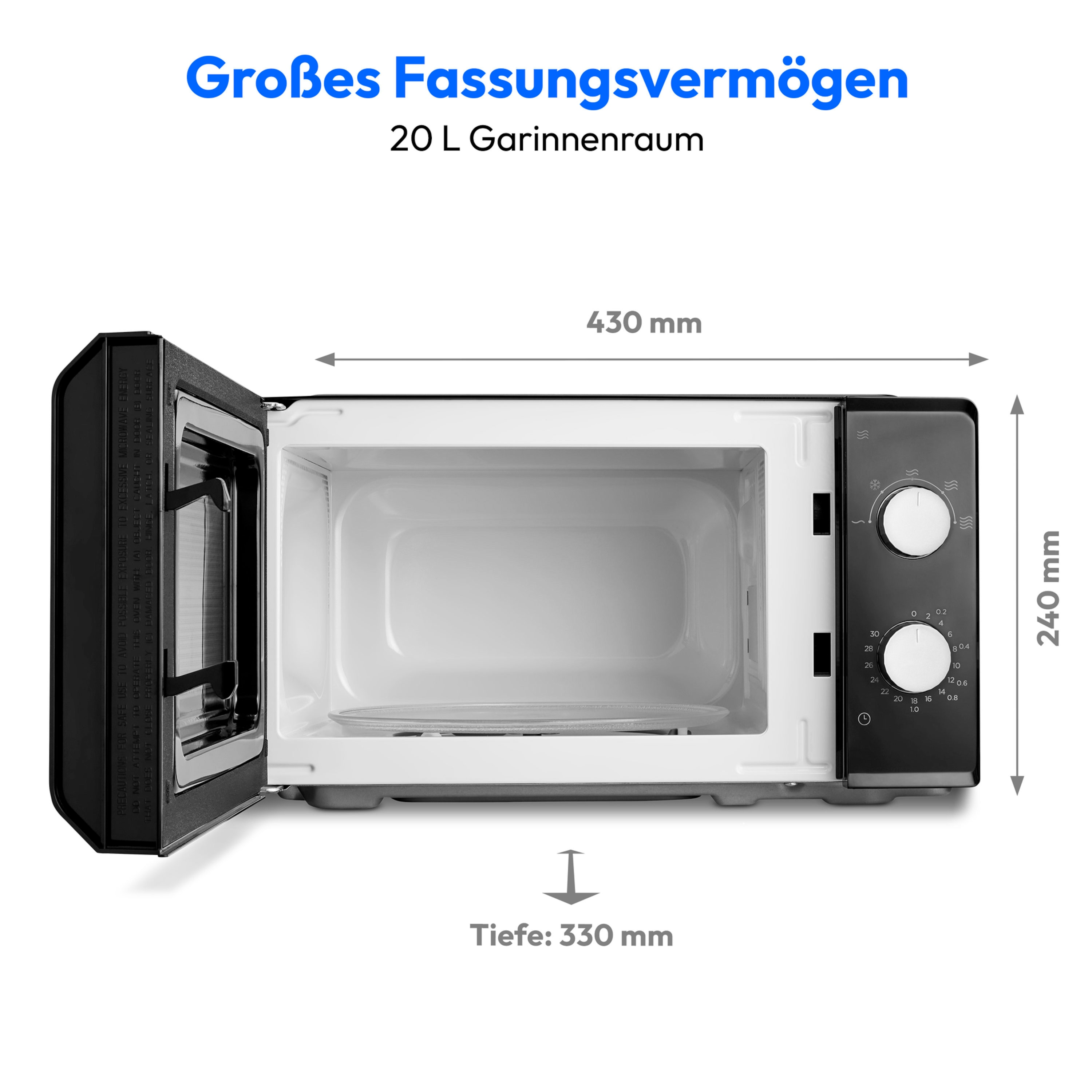 Biała kuchenka mikrofalowa z otwartymi drzwiami. Wyświetlane są wymiary i pojemność. Tekst: Grobes Fassungsvermogen, 20 L Garinnenraum.