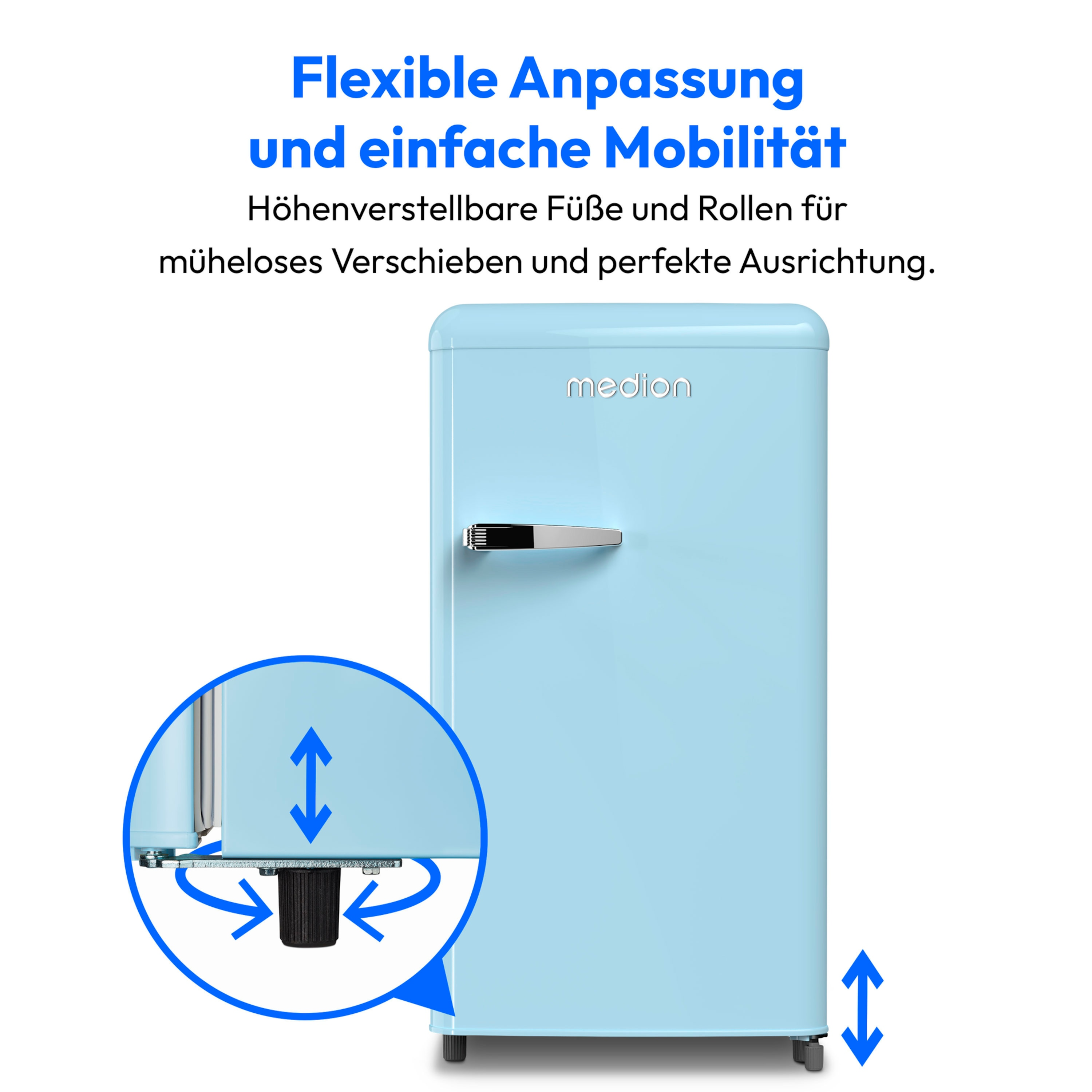 Hellblauer Kühlschrank mit verstellbaren Füßen. Text: Flexible Anpassung und einfache Mobilität.