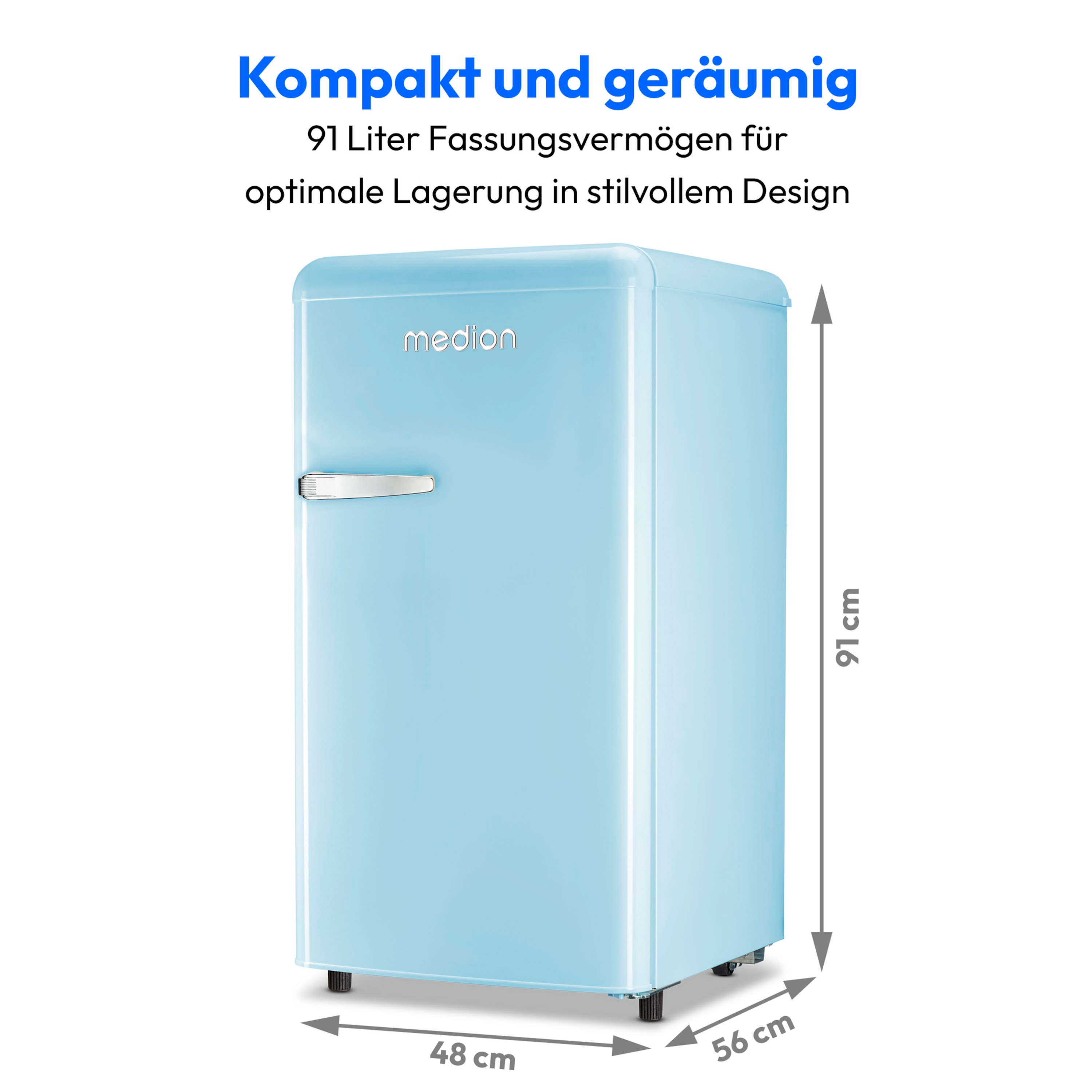Ein hellblauer Kühlschrank mit Abmessungen, Text und dem Markennamen 'medion' wird auf weißem Hintergrund angezeigt.