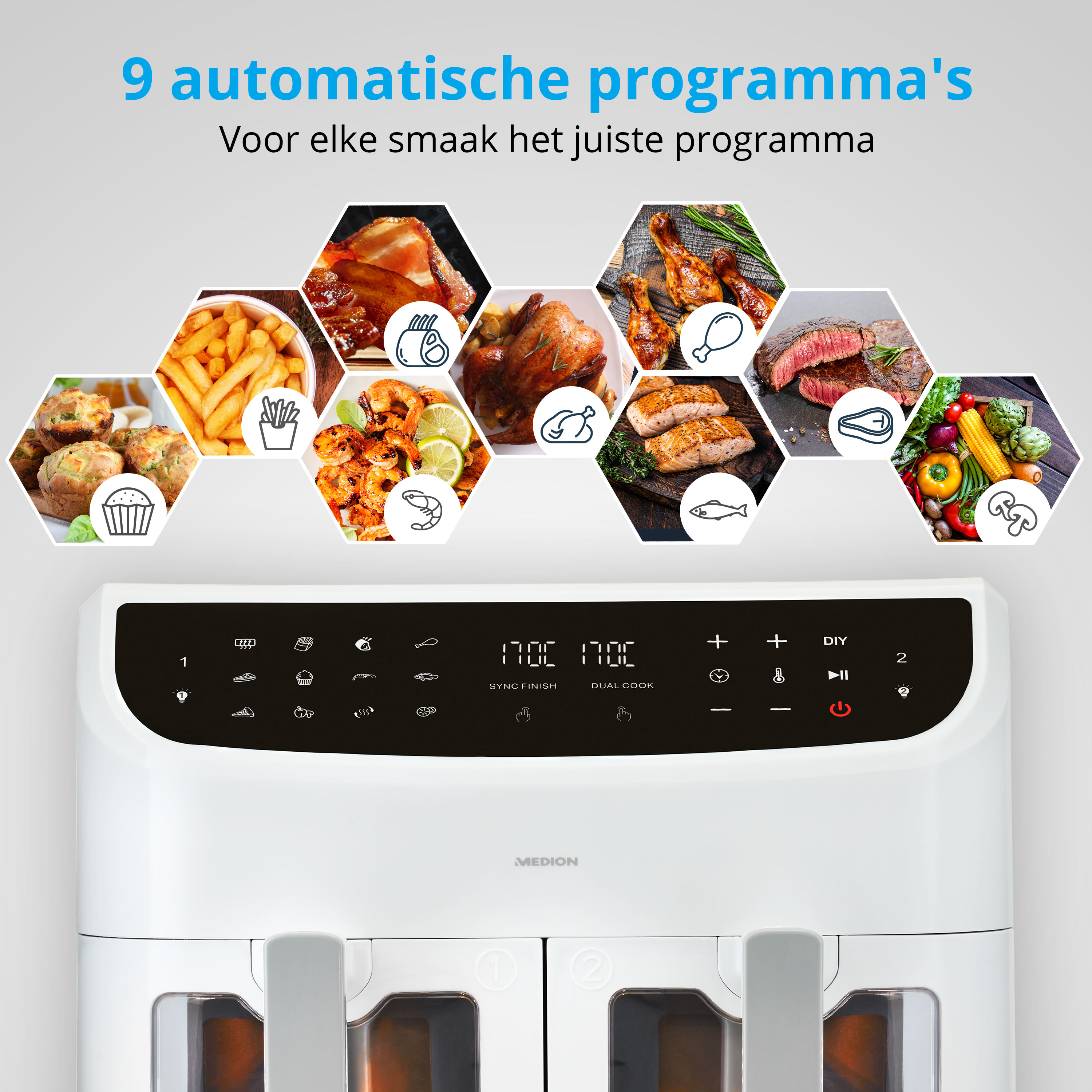 Frytkownica powietrzna z ikonami jedzenia i tekstem, w tym 9 programami automatycznymi, na białym tle.
