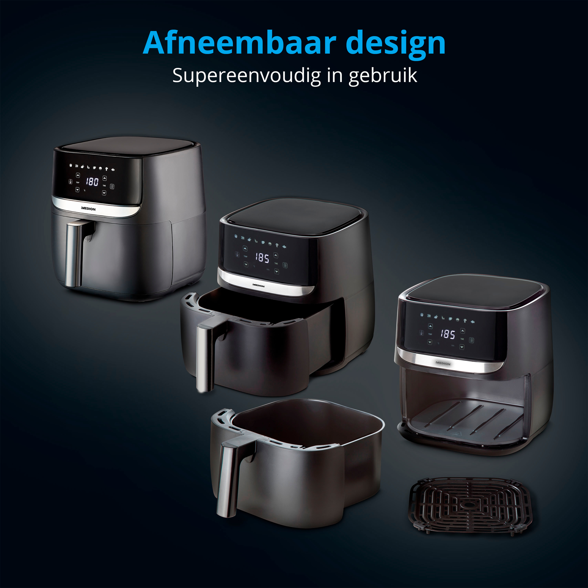 Obraz przedstawia trzy czarne frytkownice powietrzne z wyświetlaczami cyfrowymi, jedną rozłożoną. Tekst brzmi 'Wyjmowana konstrukcja, bardzo łatwa w użyciu'.