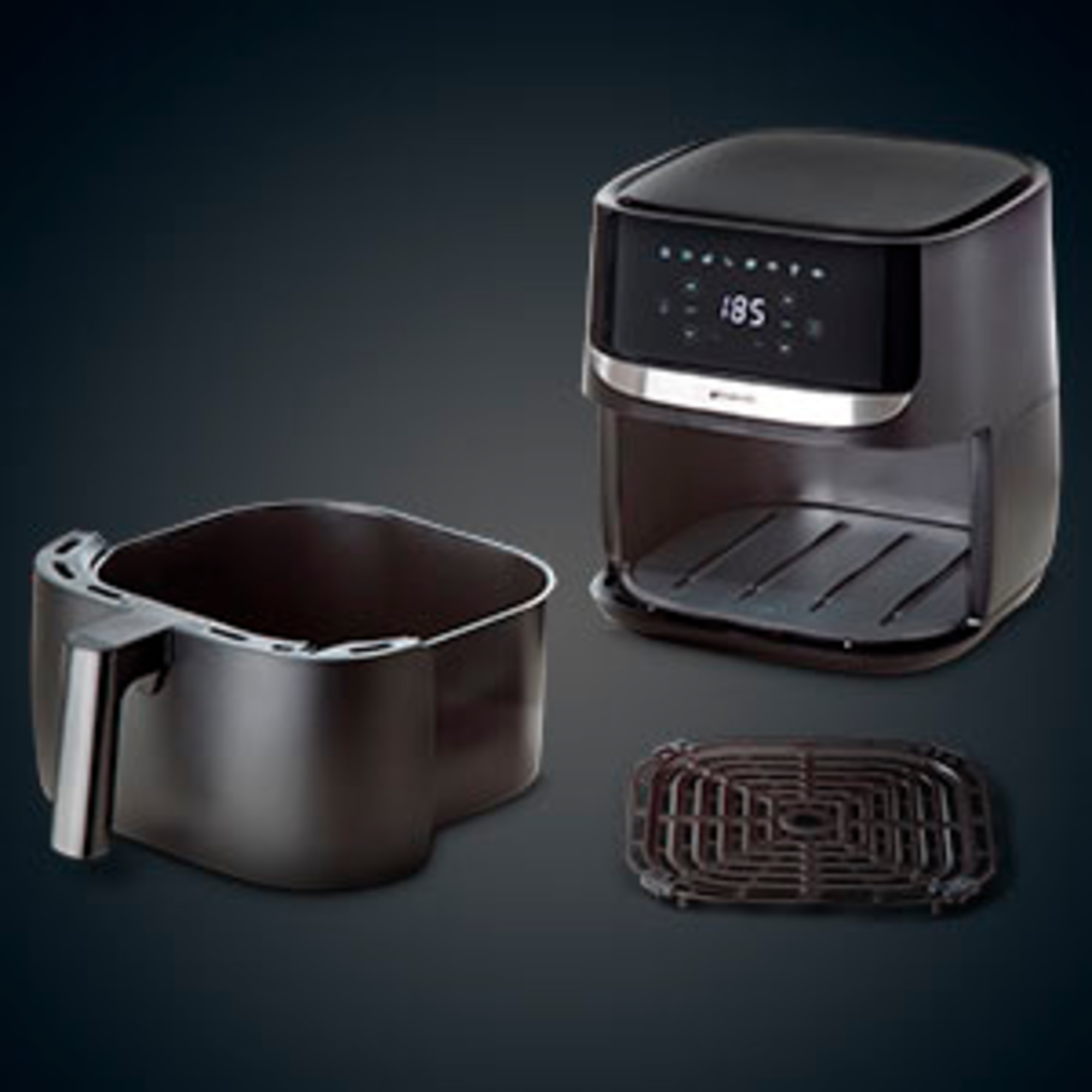 Frytownica powietrzna z koszem, tacą i jednostką gotującą. Urządzenie wyświetla 185. Wszystkie elementy są ciemnoszare na ciemnoszarym tle.