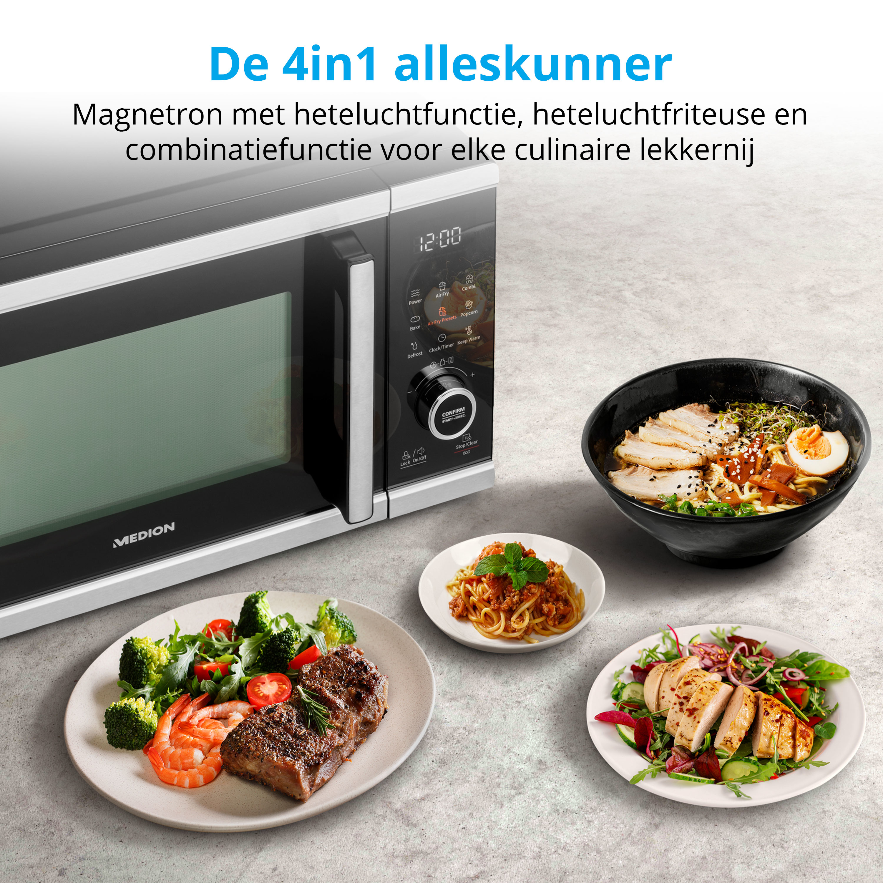 Microondas con platos de comida. Texto arriba. Incluye ramen, pasta, bistec y ensalada.