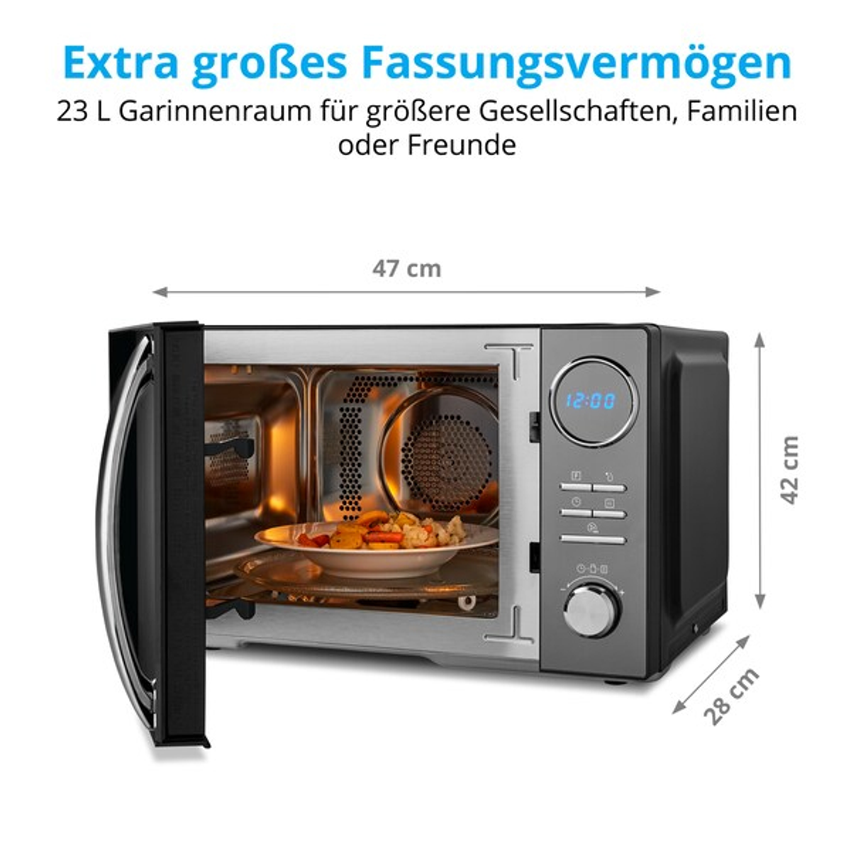 Un horno microondas con la puerta abierta, mostrando un plato de comida dentro. Se indican las dimensiones. El texto indica gran capacidad.