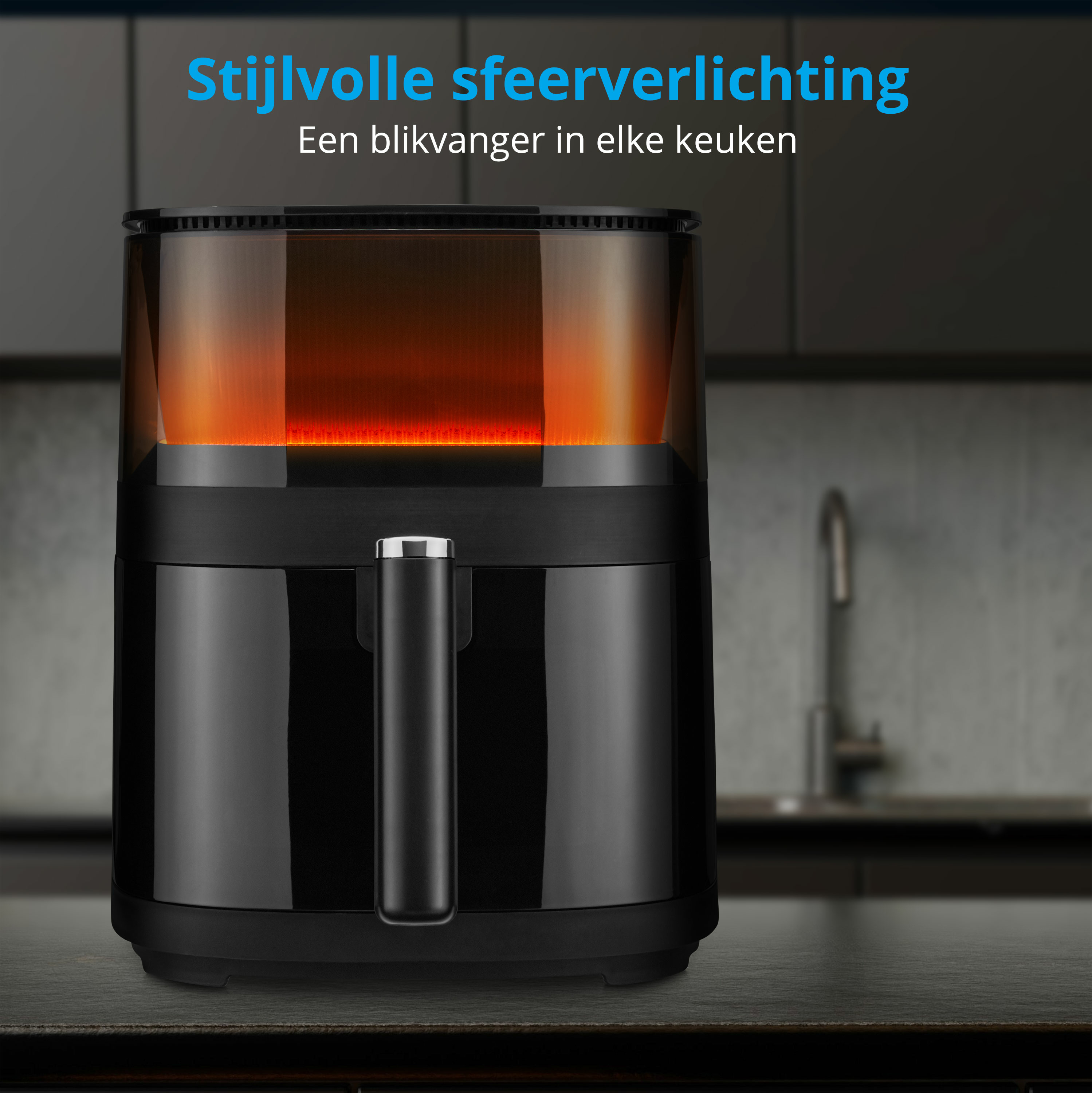 Czarna frytownica na stole. Góra jest przezroczysta, ukazując pomarańczowe światło. Tekst: Stylowe oświetlenie nastrojowe.