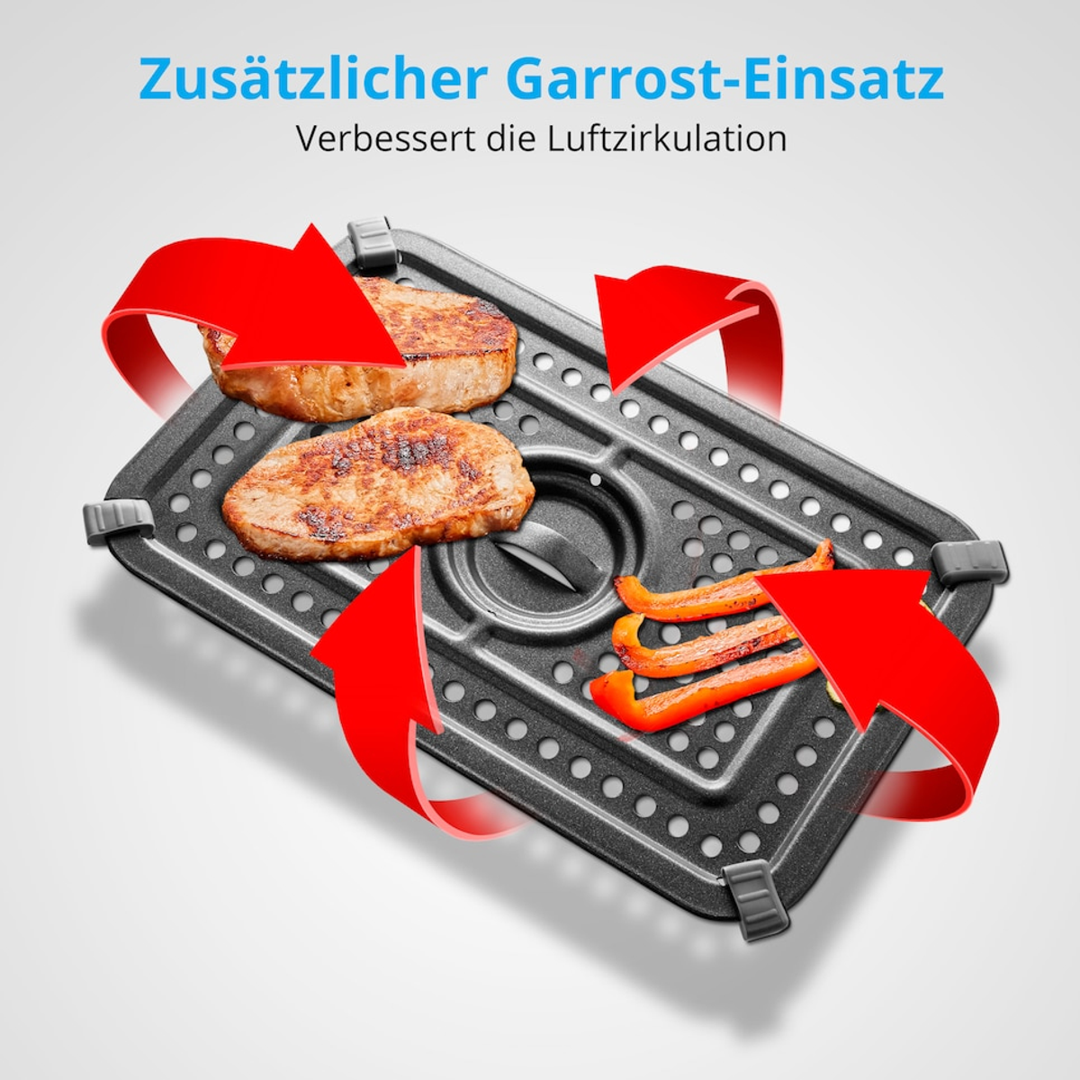 Grillowane mięso i papryka na czarnym grillu. Czerwone strzałki wskazują cyrkulację powietrza. Tekst: dodatkowe użycie garrot, poprawia cyrkulację powietrza.