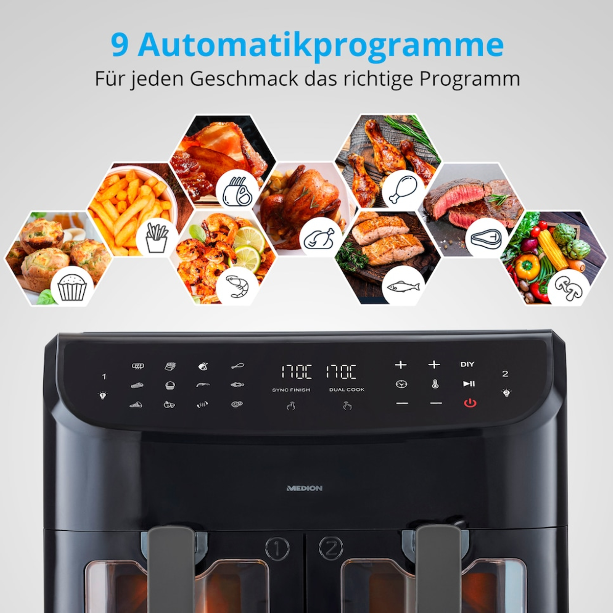 Czarna frytkownica powietrzna z ikonami jedzenia, w tym frytkami, kurczakiem i stekiem. Tekst: 9 programów automatycznych.