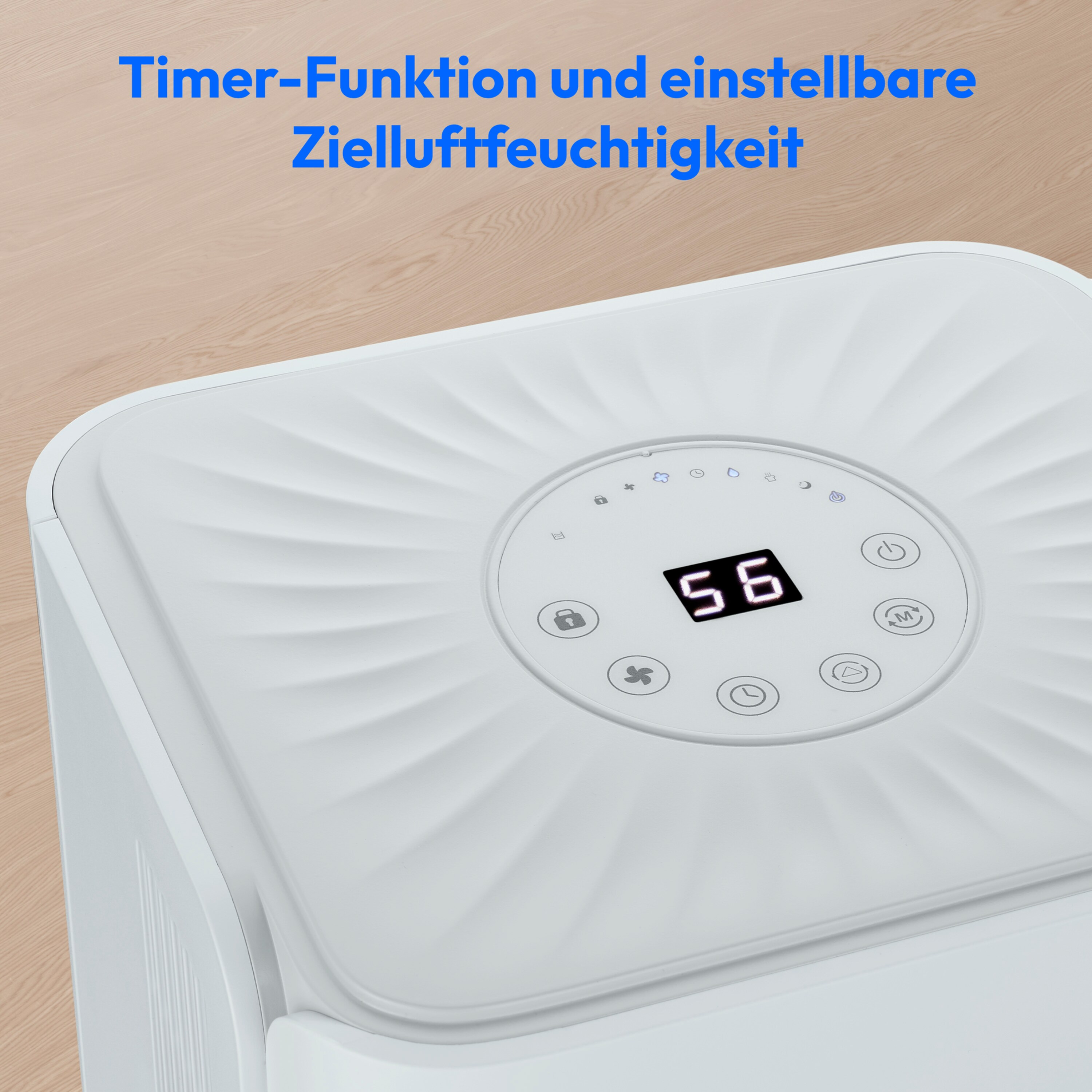 Weißer Luftreiniger mit Digitalanzeige, die '56' anzeigt. Knöpfe und Symbole sind sichtbar.