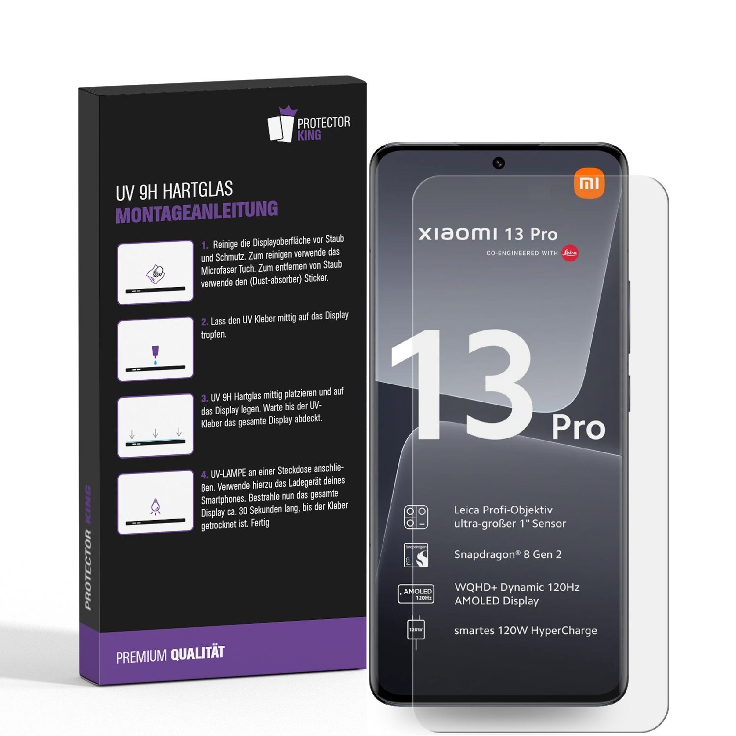 Ein Telefon mit Displayschutzfolie neben einer Box mit Anweisungen. Das Telefon ist Xiaomi 13 Pro.