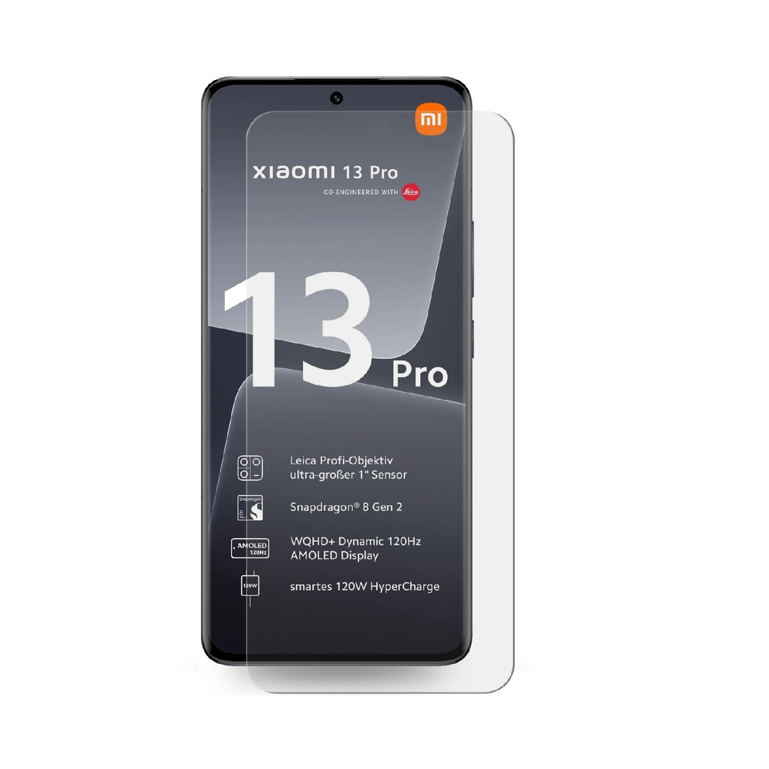 Xiaomi 13 Pro-Telefon mit Displayschutz. Zeigt wichtige Funktionen wie Leica-Kamera, Snapdragon-Prozessor und 120-W-Laden.