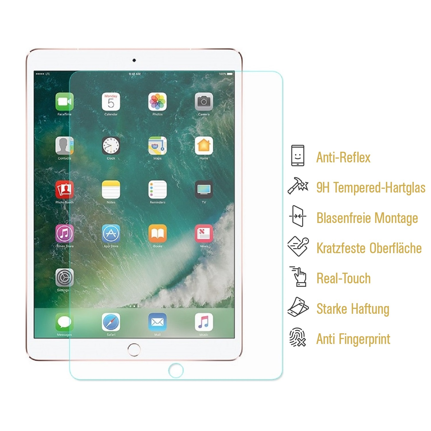 Ein iPad-Bildschirm mit einer Schutzfolie überlagert. App-Symbole sind sichtbar. Text rechts beschreibt die Eigenschaften der Folie.
