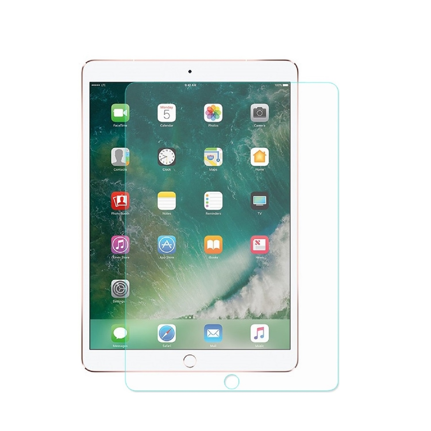 Ein iPad mit Displayschutzfolie. Der Bildschirm zeigt App-Symbole wie Kalender, Fotos, Kamera und Einstellungen. Die Uhrzeit ist 9:41 Uhr.
