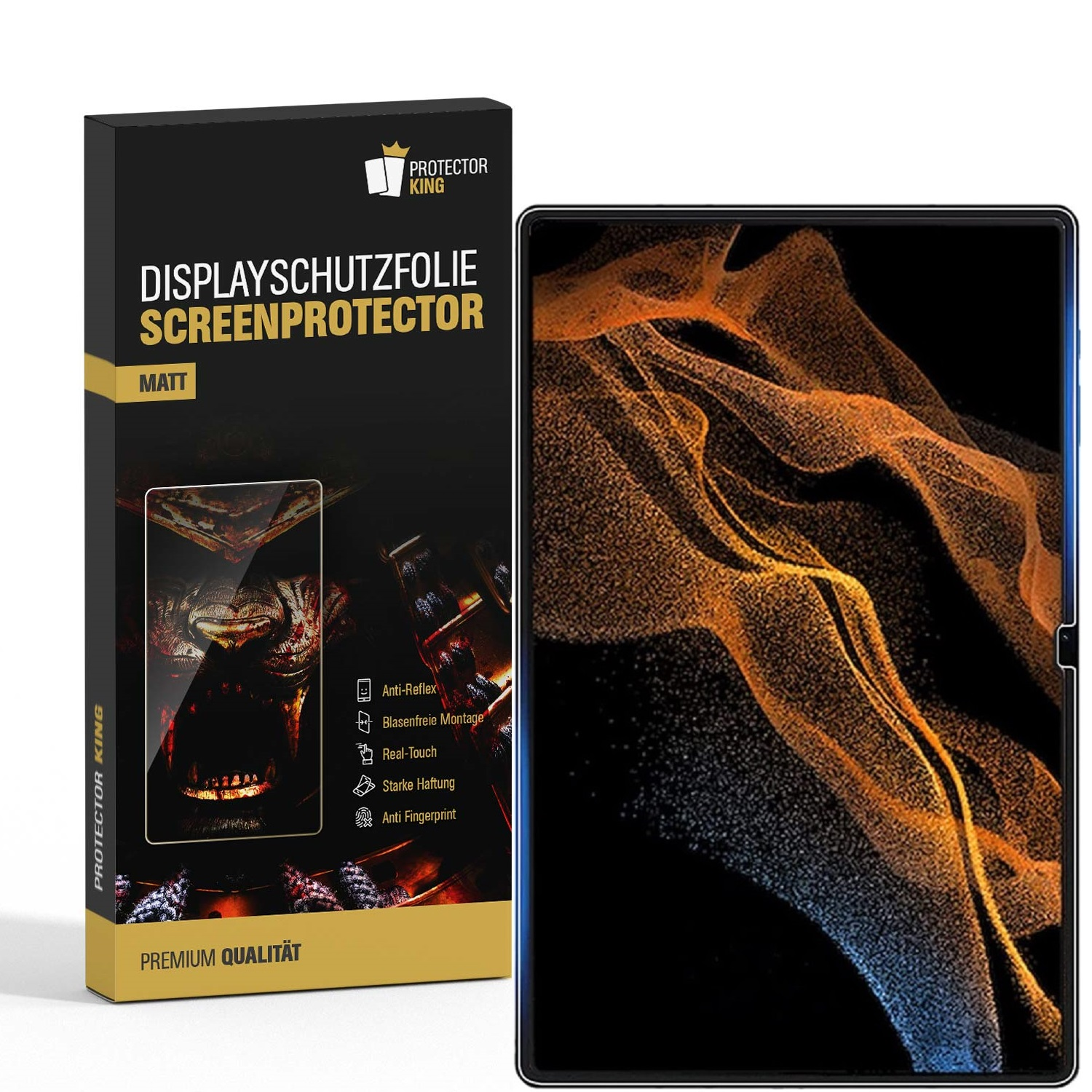 Eine Displayschutzfolienbox neben einem Tablet. Auf der Box steht 'Display Schutz Folie Screen Protector'. Das Tablet zeigt ein abstraktes Design.