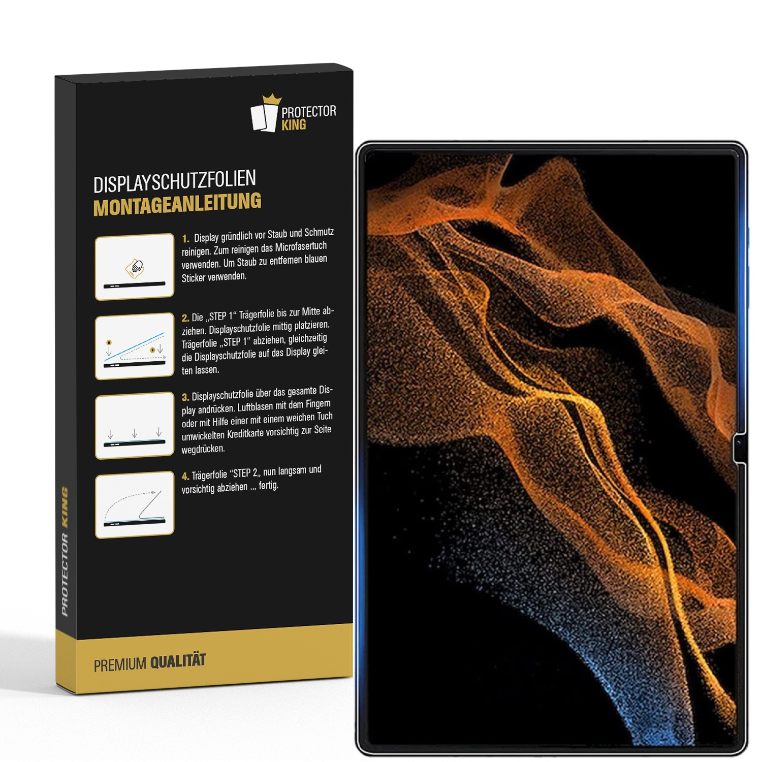 Eine Displayschutzfolienbox und ein Tablet mit abstraktem orange-blauem Design auf dem Bildschirm, mit Anweisungen auf der Box.