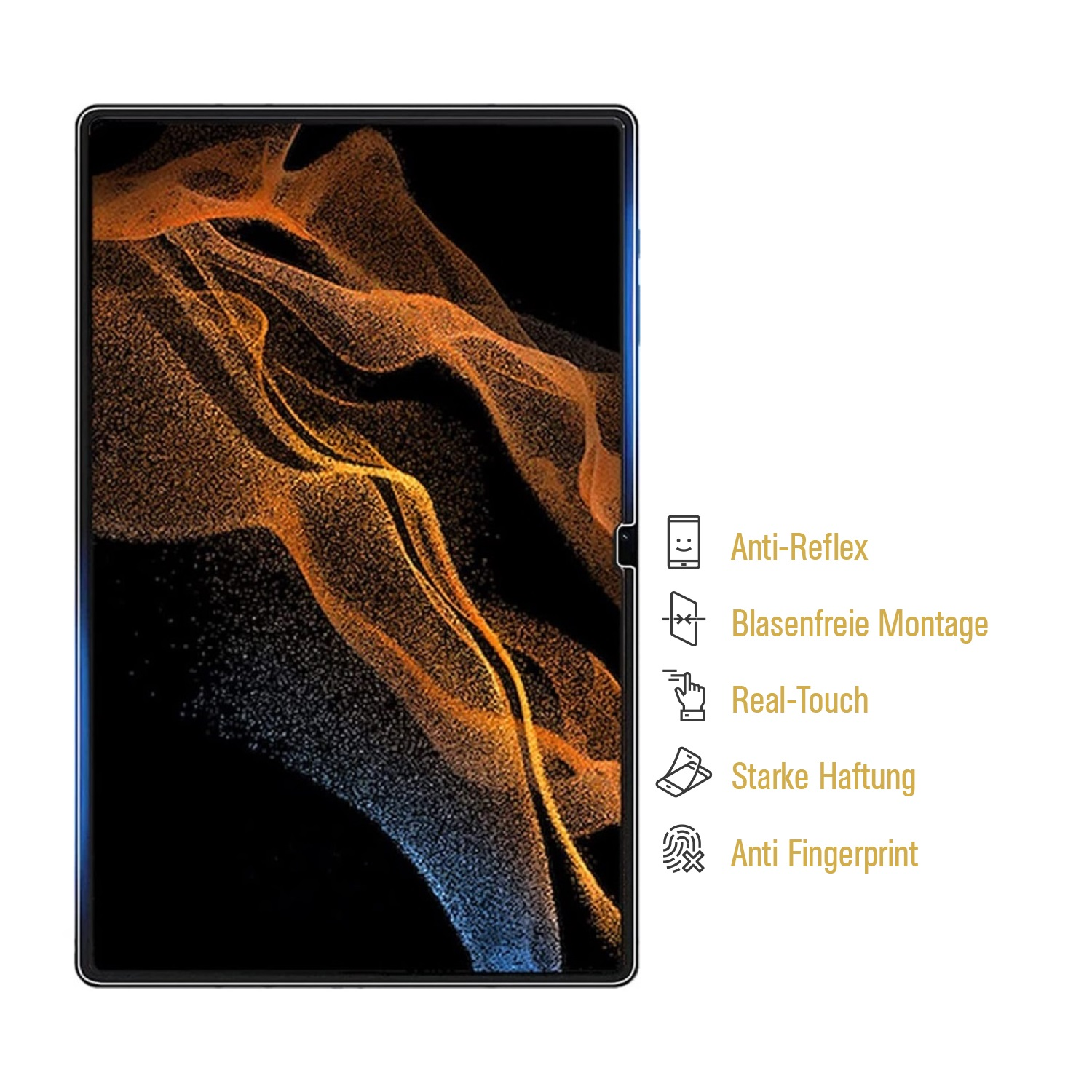 Ein Tablet zeigt ein abstraktes orange-blaues Design. Text und Symbole heben Funktionen wie Entspiegelung und Anti-Fingerprint hervor.