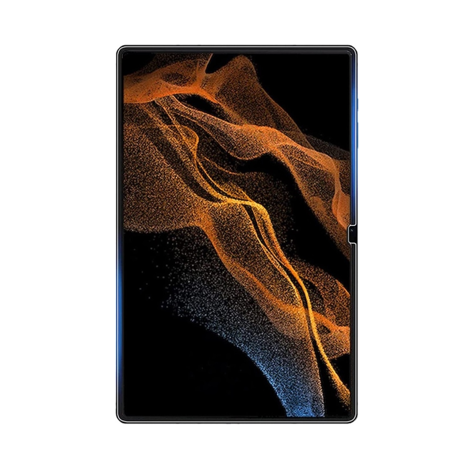 Ein Tablet mit schwarzem Bildschirm, auf dem orangefarbene und blaue abstrakte Formen angezeigt werden. Das Tablet hat einen schwarzen Rahmen und eine blaue Seite.