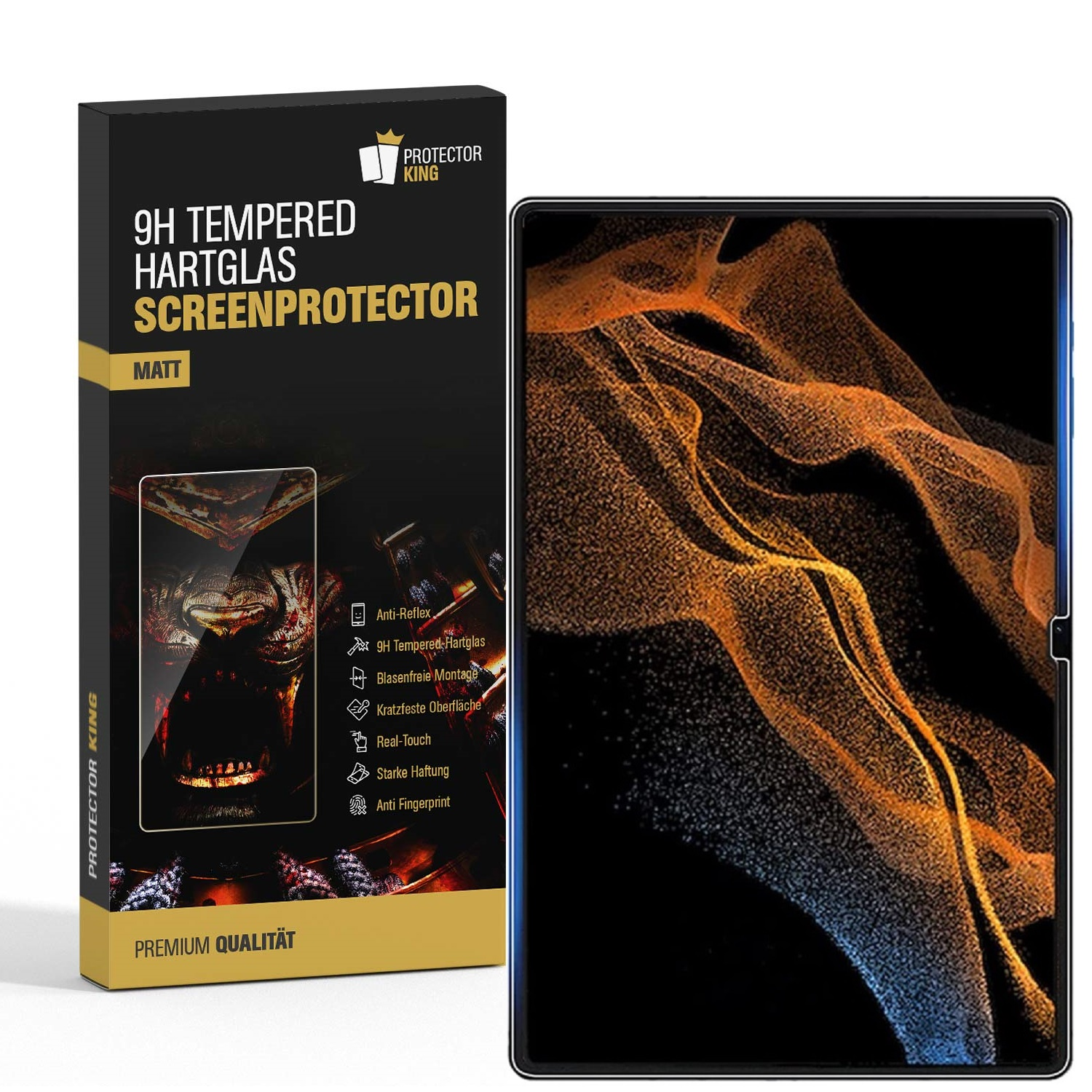 Eine Displayschutzbox mit Text wie '9H Tempered Hartglas' und ein Tablet mit farbenfrohem, abstraktem Design.