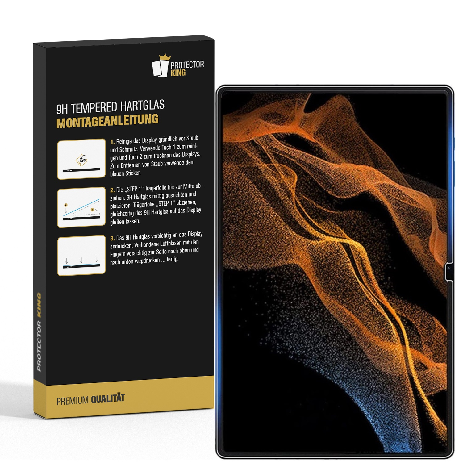 Eine Box mit Anweisungen, einem Tablett-Displayschutz und einem Tablet. Der Displayschutz hat orangefarbene und blaue Muster.