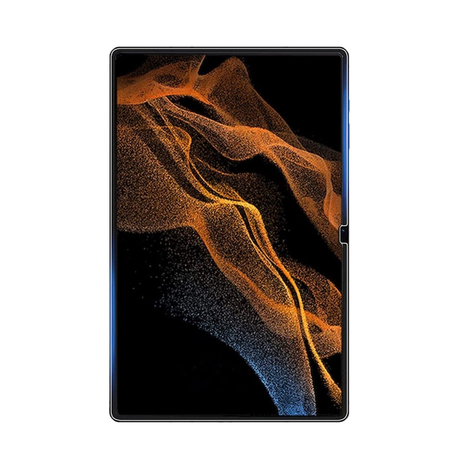 Ein rechteckiges Tablet wird angezeigt. Der Bildschirm zeigt orangefarbene und blaue abstrakte Muster auf schwarzem Hintergrund.