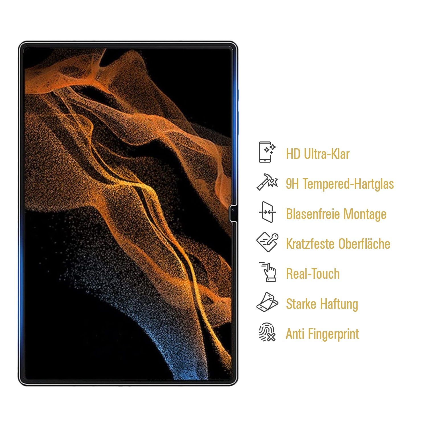Tablettbildschirm mit abstraktem orange-blauem Muster und Aufzählungspunkten, die Funktionen wie HD, Hartglas und Anti-Fingerprint auflisten.