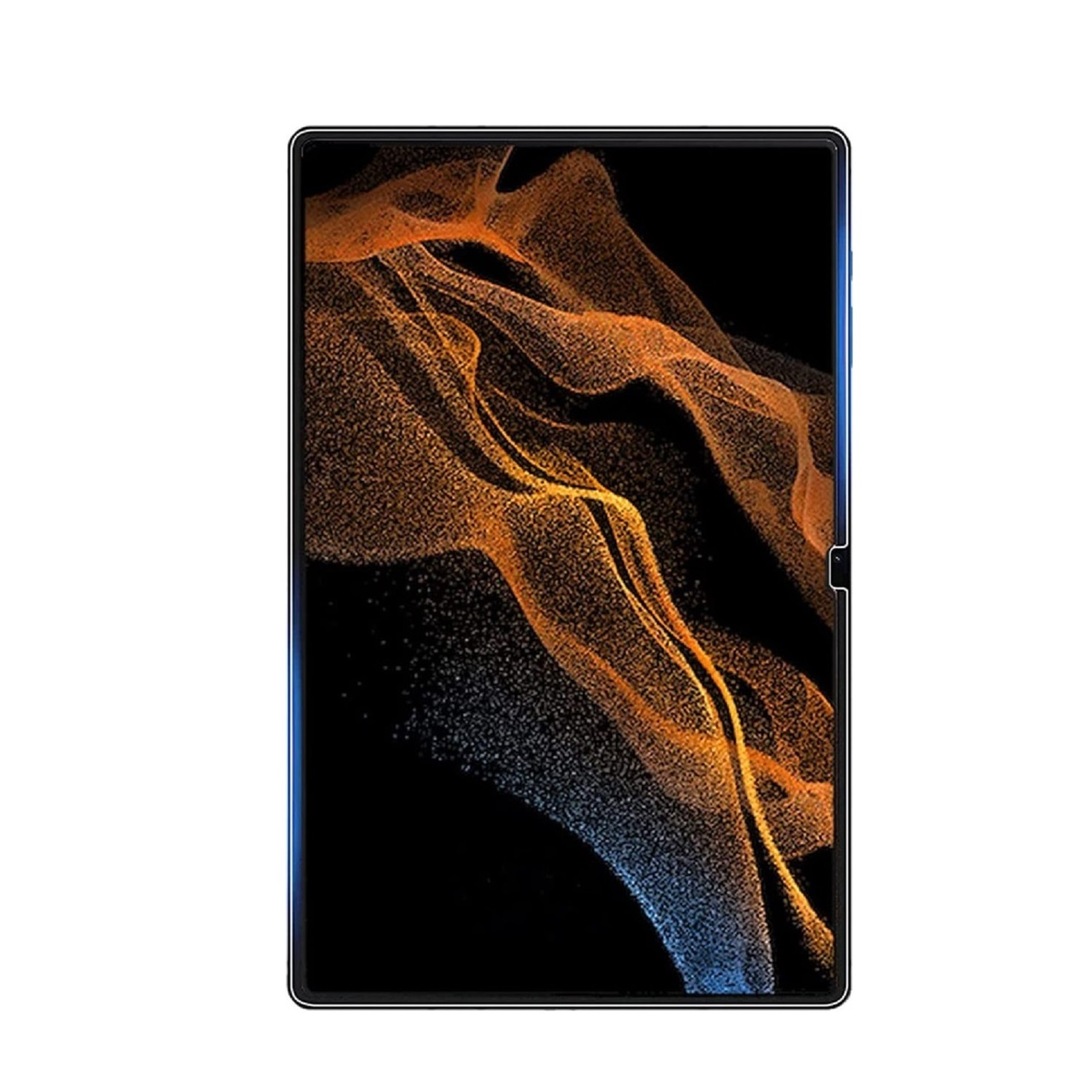 Ein Tablet mit schwarzem Bildschirm, der abstrakte orangefarbene und blaue Muster anzeigt. Das Tablet hat einen schwarzen Rahmen.