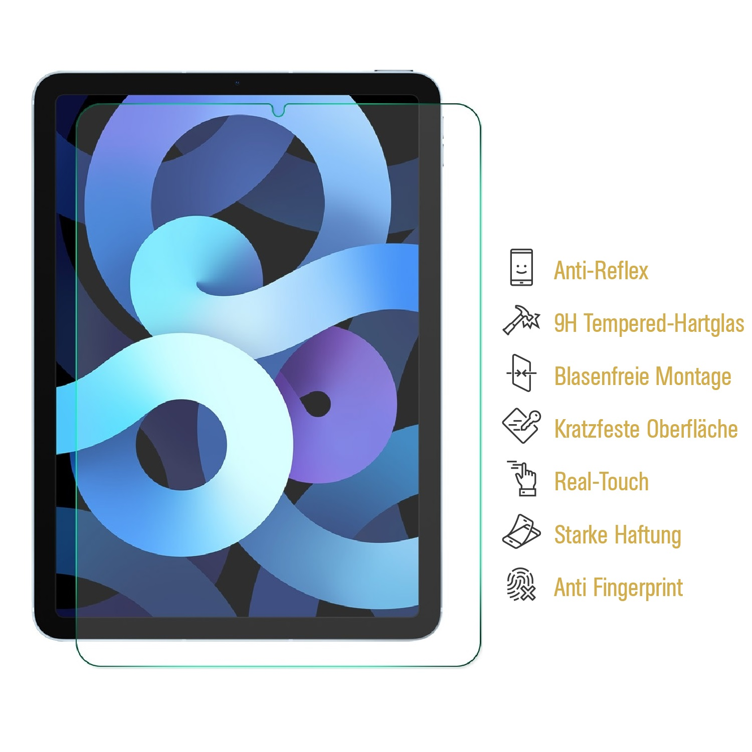 Ein iPad mit Displayschutzfolie wird gezeigt. Zu den Merkmalen gehören Anti-Reflex, 9H gehärtetes Glas und Anti-Fingerprint.