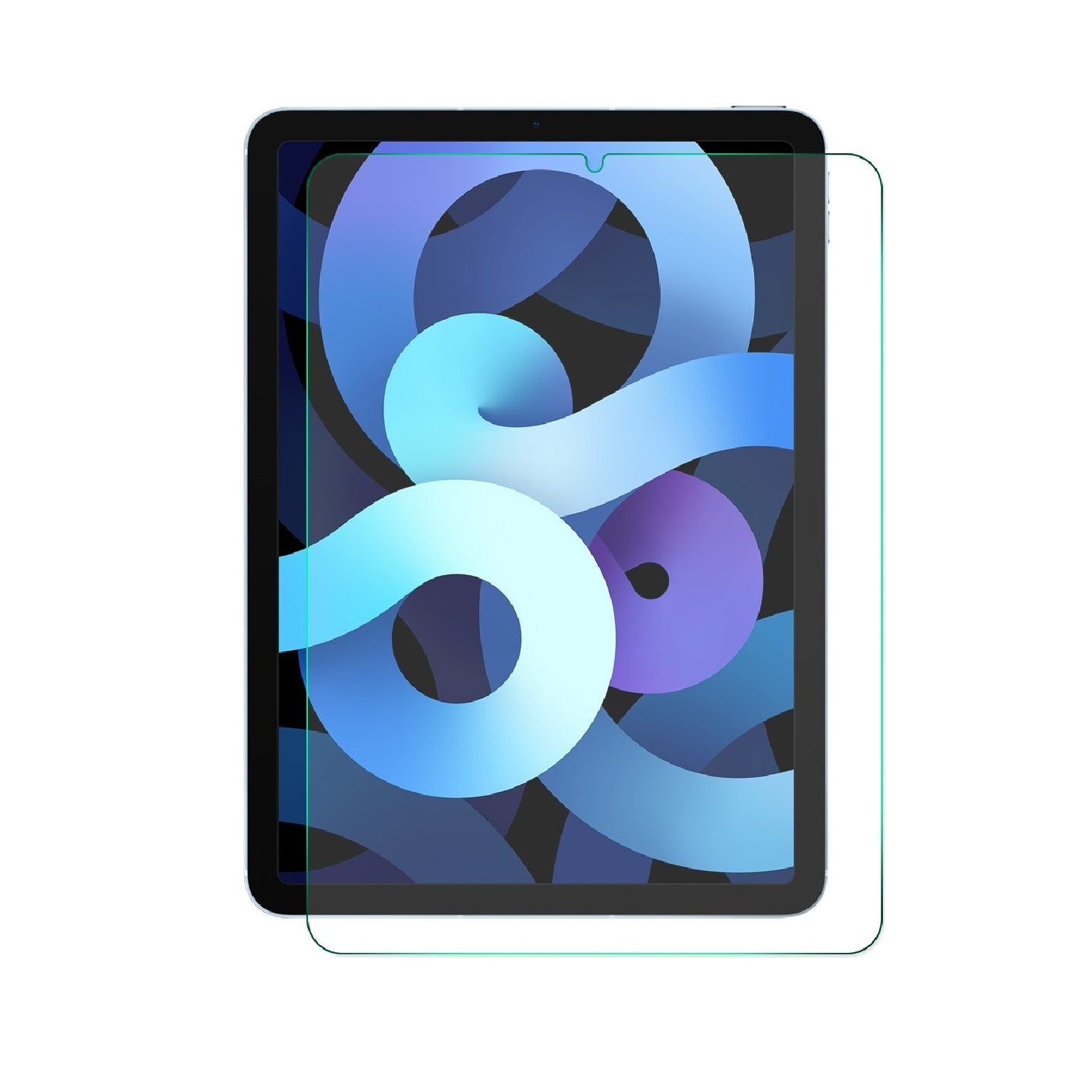 Ein iPad Air mit Displayschutzfolie. Der Bildschirm zeigt ein blaues und weißes abstraktes Design. Der Schutz hat einen grünen Rand.