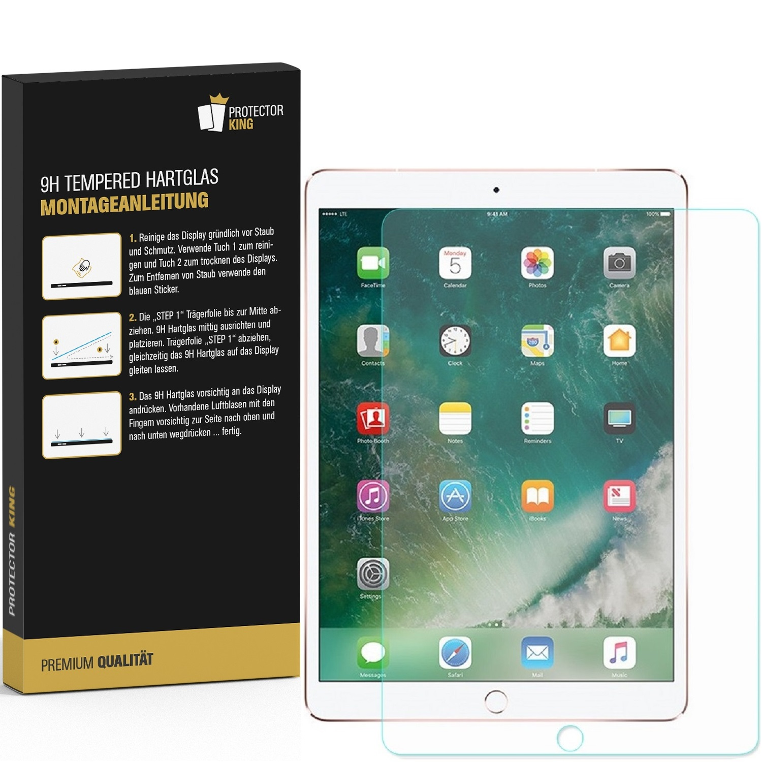 Ein iPad mit Displayschutzfolie und eine Box mit Anweisungen, mit dem Protector King Logo.