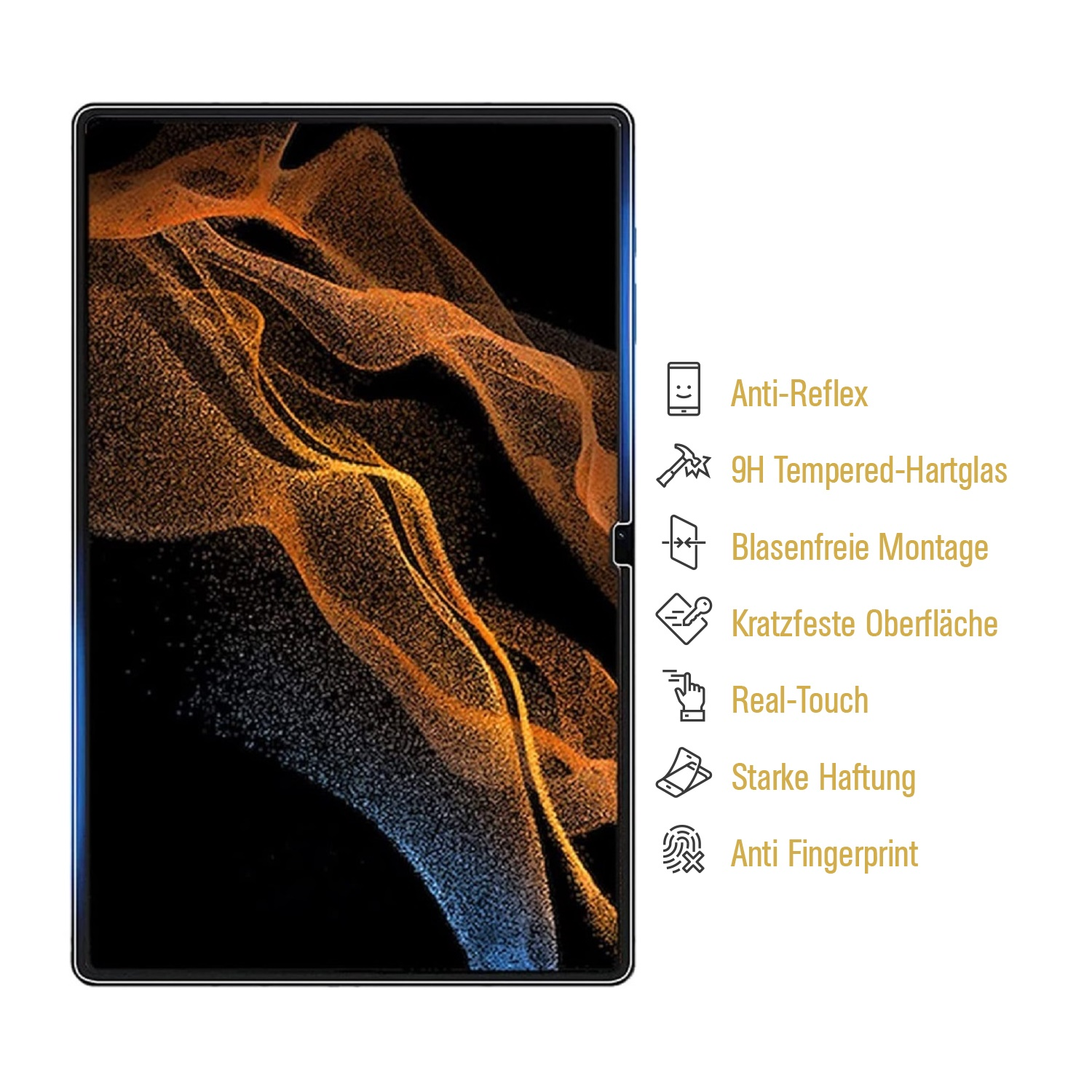 Ein Displayschutz mit abstrakten orange-blauen Mustern. Merkmale: Anti-Reflex, Hartglas und Anti-Fingerabdruck.