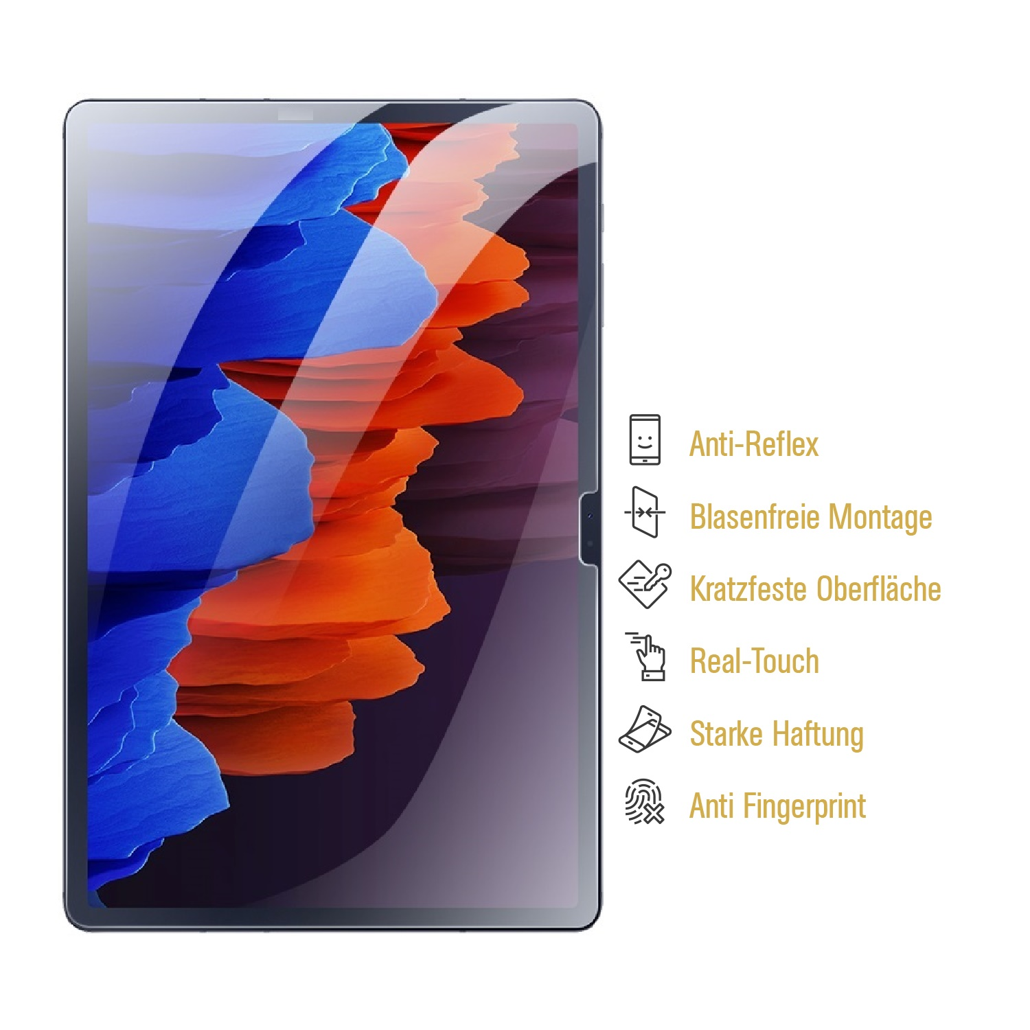 Ein Tablet-Displayschutz. Der Bildschirm zeigt abstrakte blaue und orangefarbene Formen. Text rechts listet Funktionen wie Entspiegelung und Fingerabdruckresistenz auf.