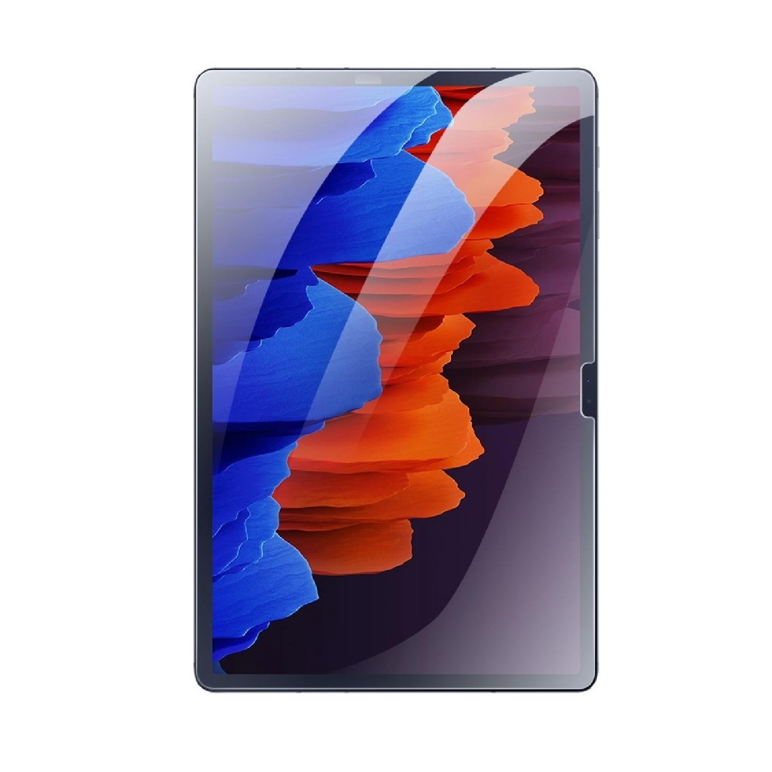 Ein Tablet mit einem farbenfrohen, abstrakten Hintergrund aus blauen, orangefarbenen und roten Formen. Das Tablet hat einen dunklen Rahmen.