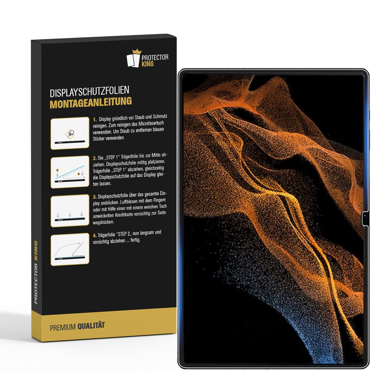 Eine schwarze Box mit Anweisungen zur Displayschutzfolienanbringung neben einem Tablet mit farbenfrohem, abstrakten Design.