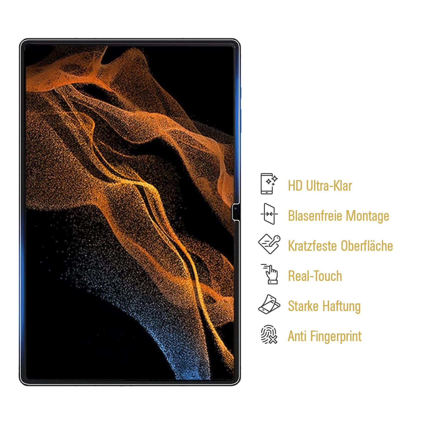 Faltbares Telefon mit Bildschirm mit orangefarbenem und blauem abstrakten Design. Merkmale sind HD-Klarheit, Anti-Fingerprint und Real-Touch.