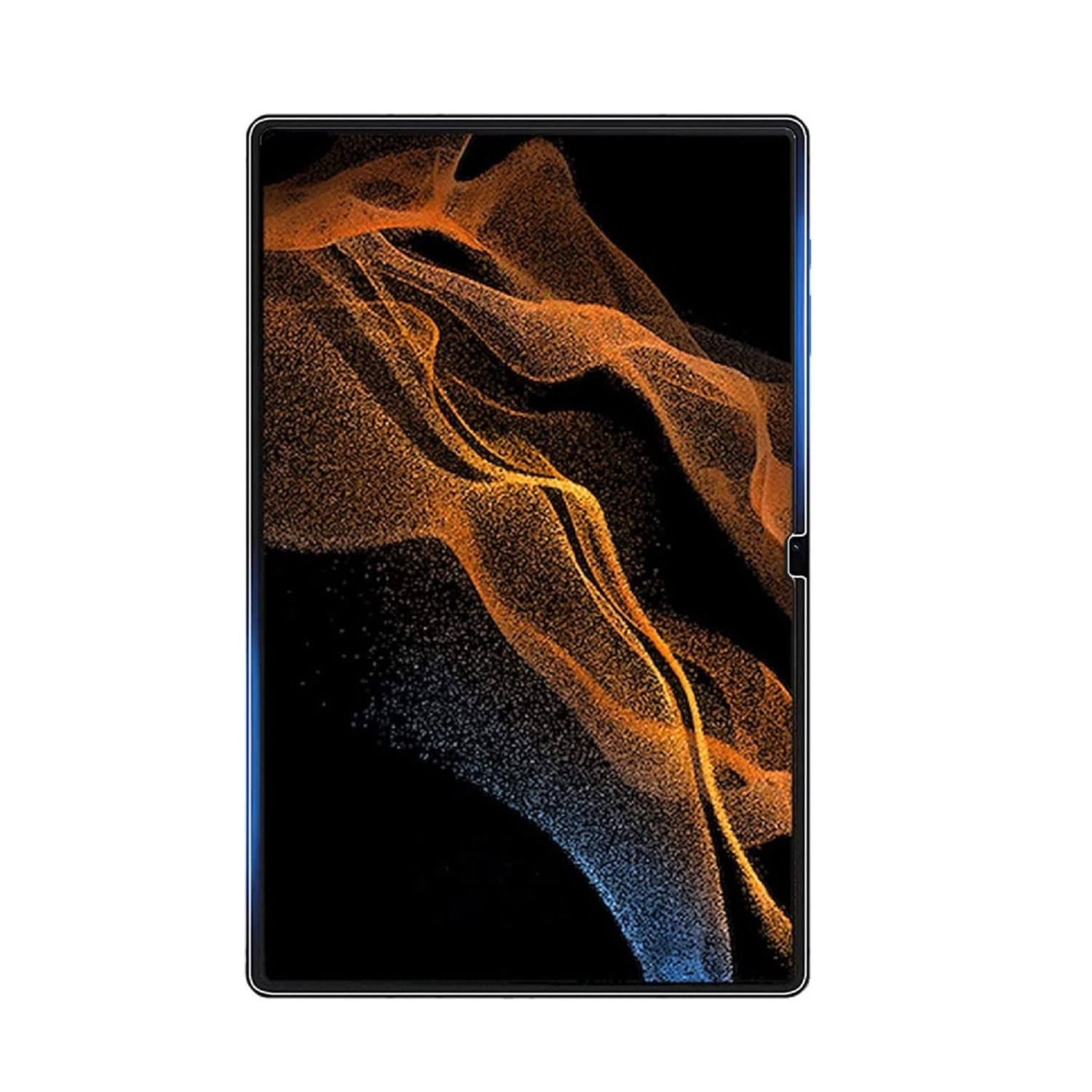 Ein schwarzes Tablet mit blauem Rahmen. Der Bildschirm zeigt ein abstraktes Design aus orangefarbenen und blauen fließenden Formen.