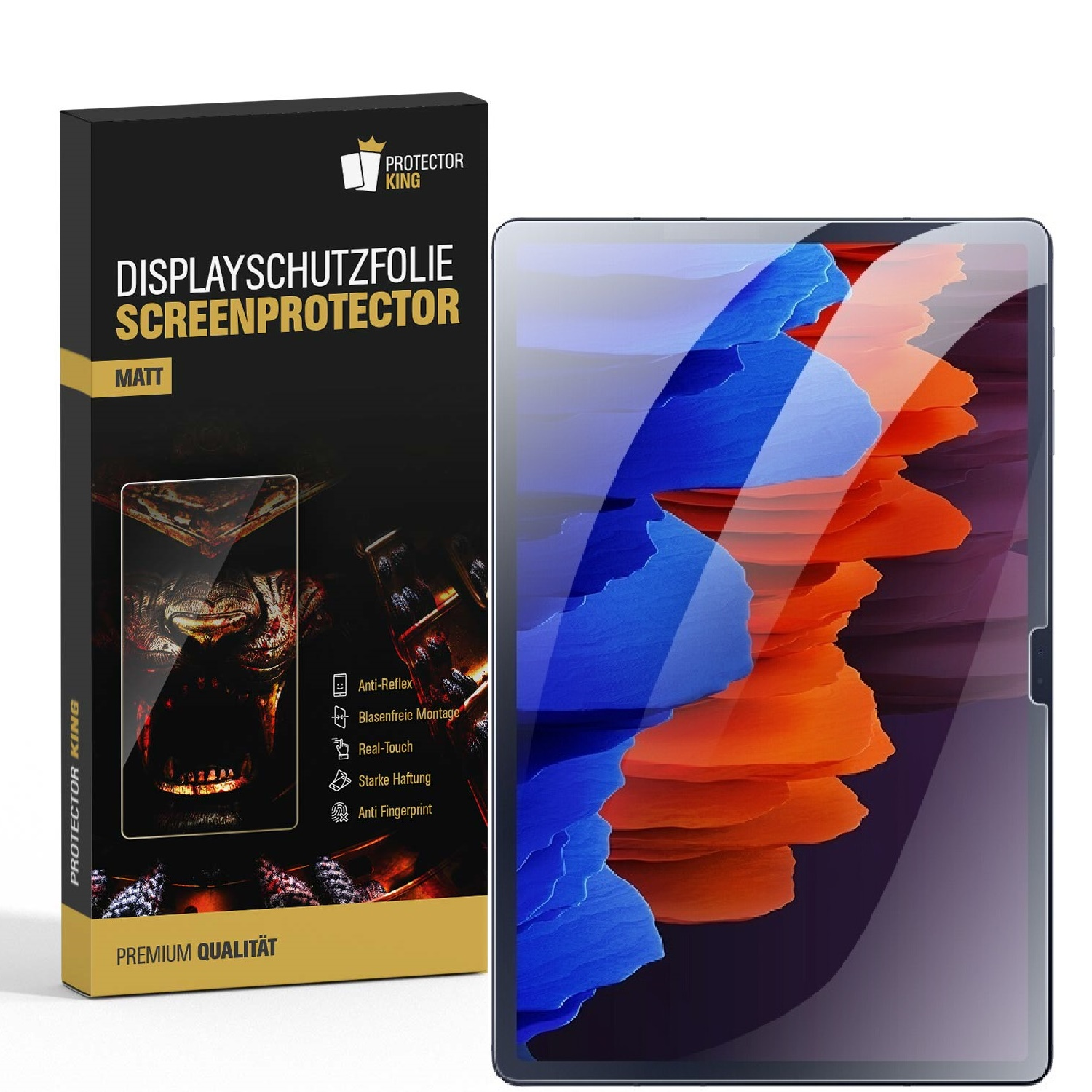 Eine Displayschutzfolienbox neben einem Tablet mit einem lebendigen, abstrakten Bild. Die Box ist schwarz und gold mit Text. Das Tablet hat einen Displayschutz.