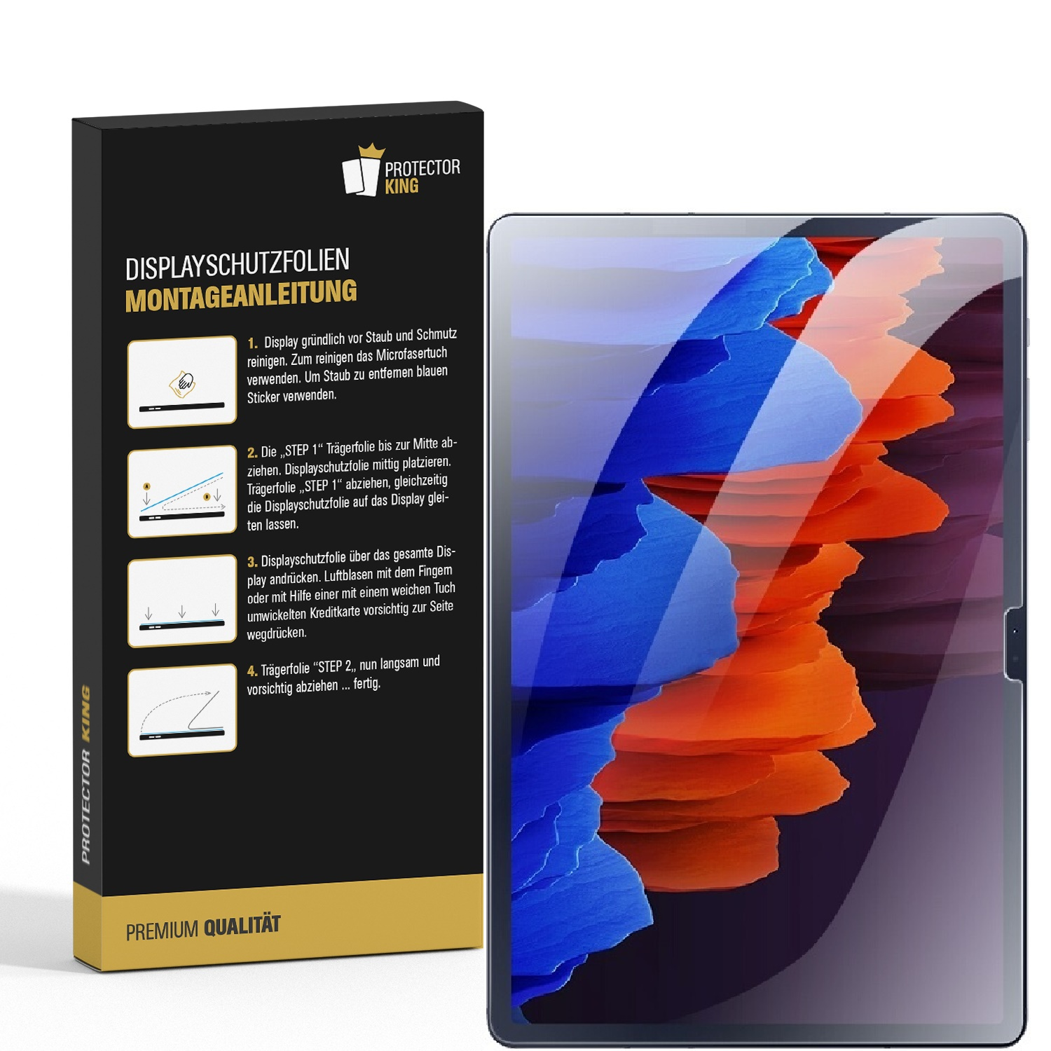 Ein Tablet mit Displayschutzfolie, Anweisungen und einer Box auf weißem Untergrund. Der Bildschirm zeigt abstrakte bunte Formen.