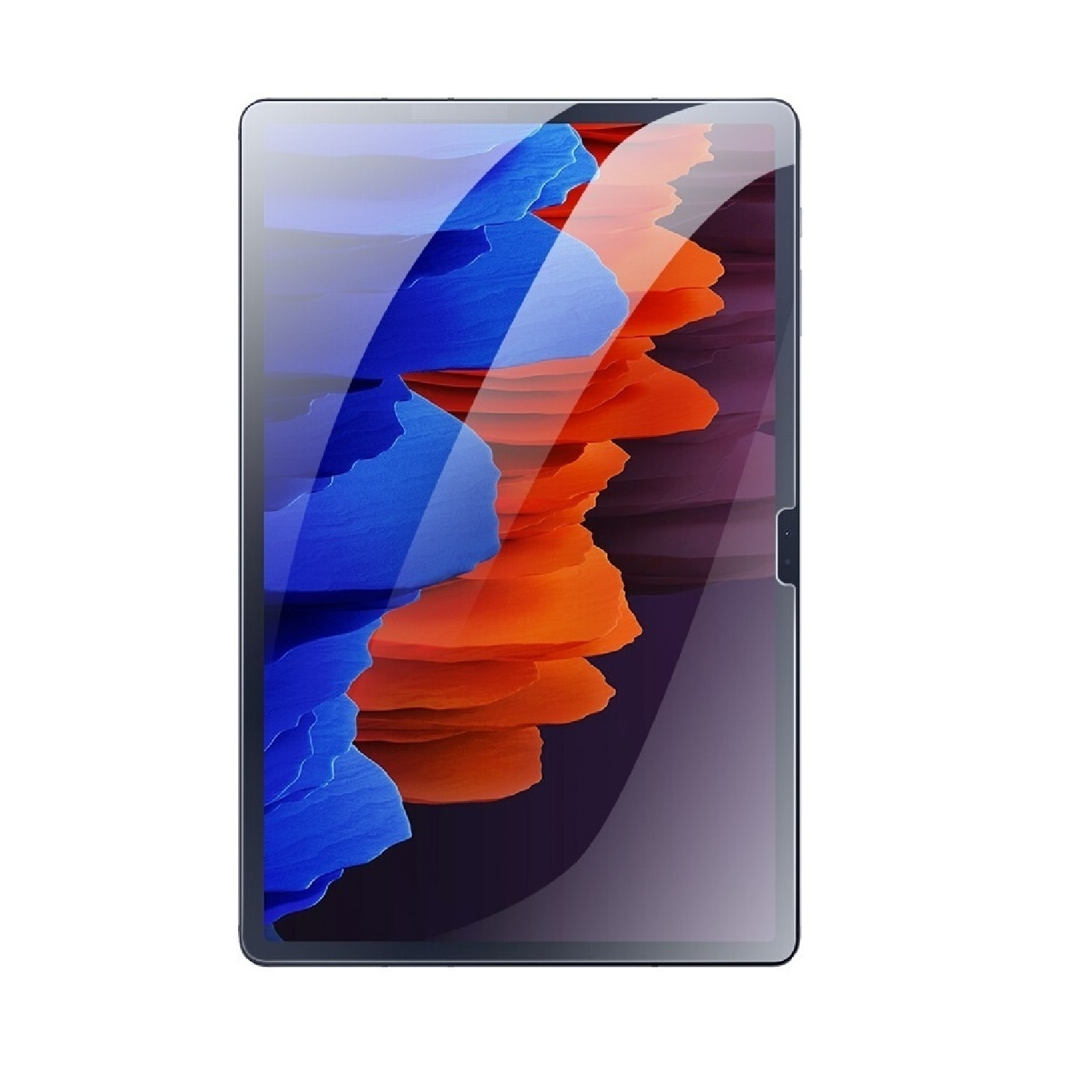 Ein Tablet zeigt ein abstraktes Bild mit blauen, orangen und lila Farben. Das Tablet hat einen schwarzen Rahmen und befindet sich auf weißem Hintergrund.