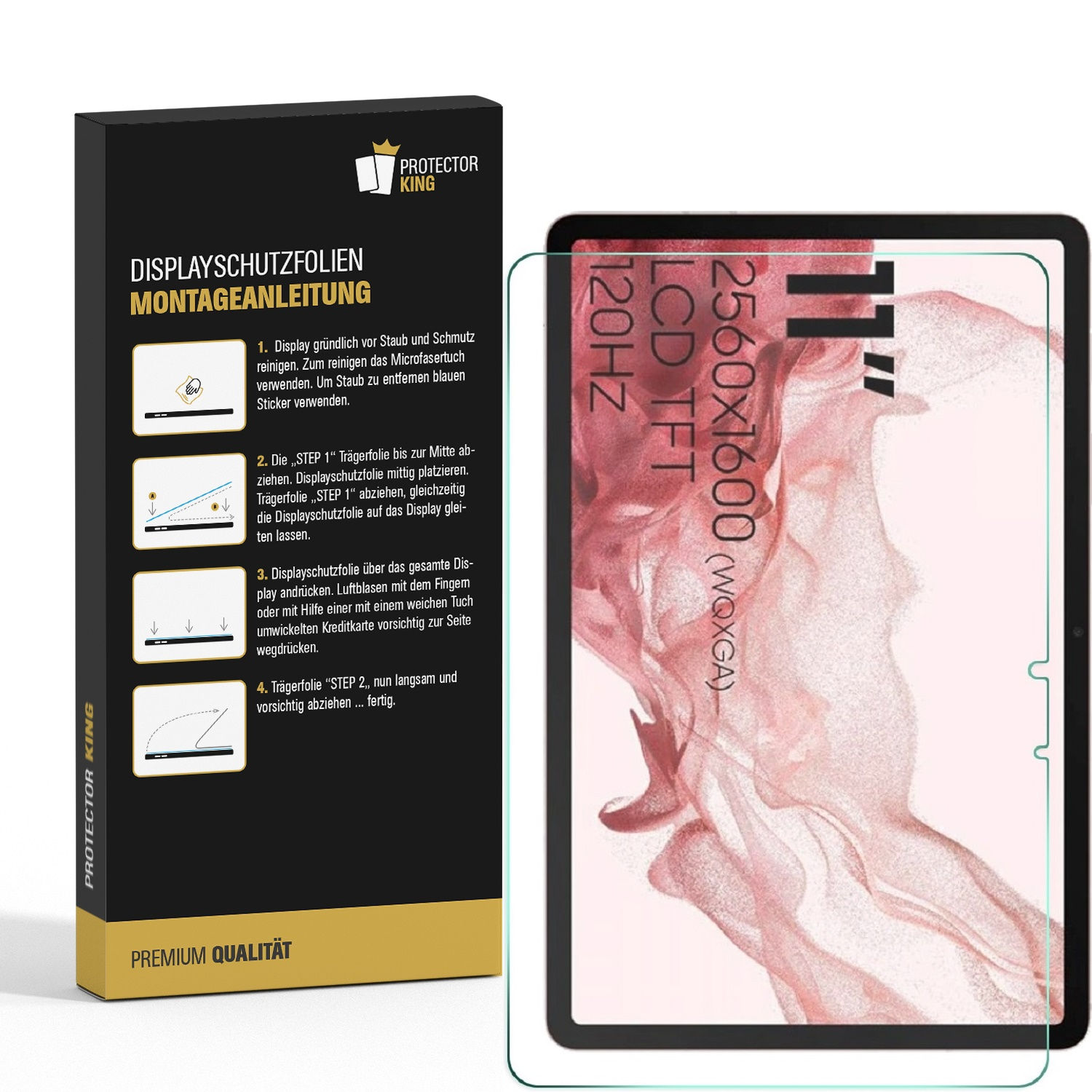 Eine schwarze Box mit Anweisungen, ein Tablet und eine Displayschutzfolie liegen auf weißem Untergrund.