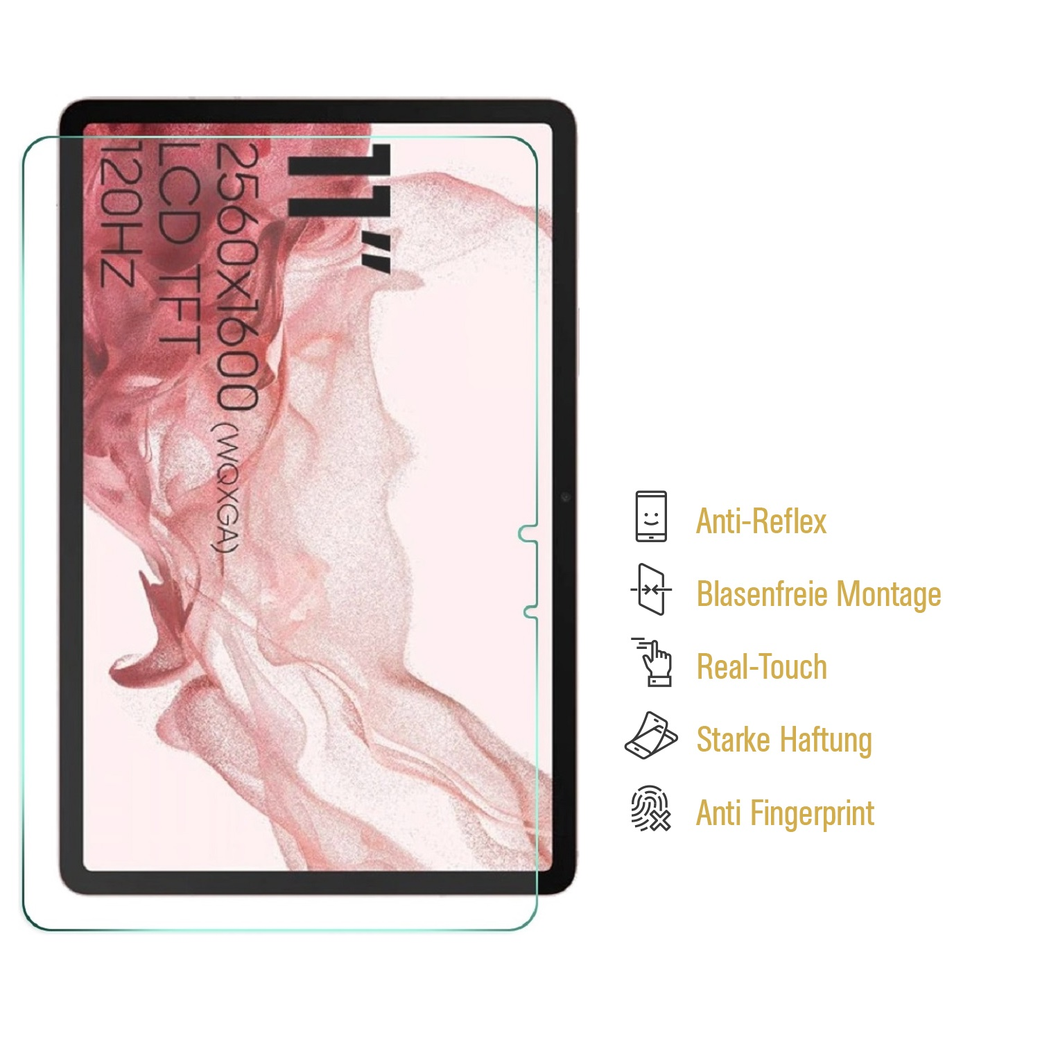 Ein Tablet mit aufgebrachter Displayschutzfolie. Details: 11", 120Hz, LCD TFT und 2560x1600 Auflösung. Funktionen sind rechts aufgelistet.