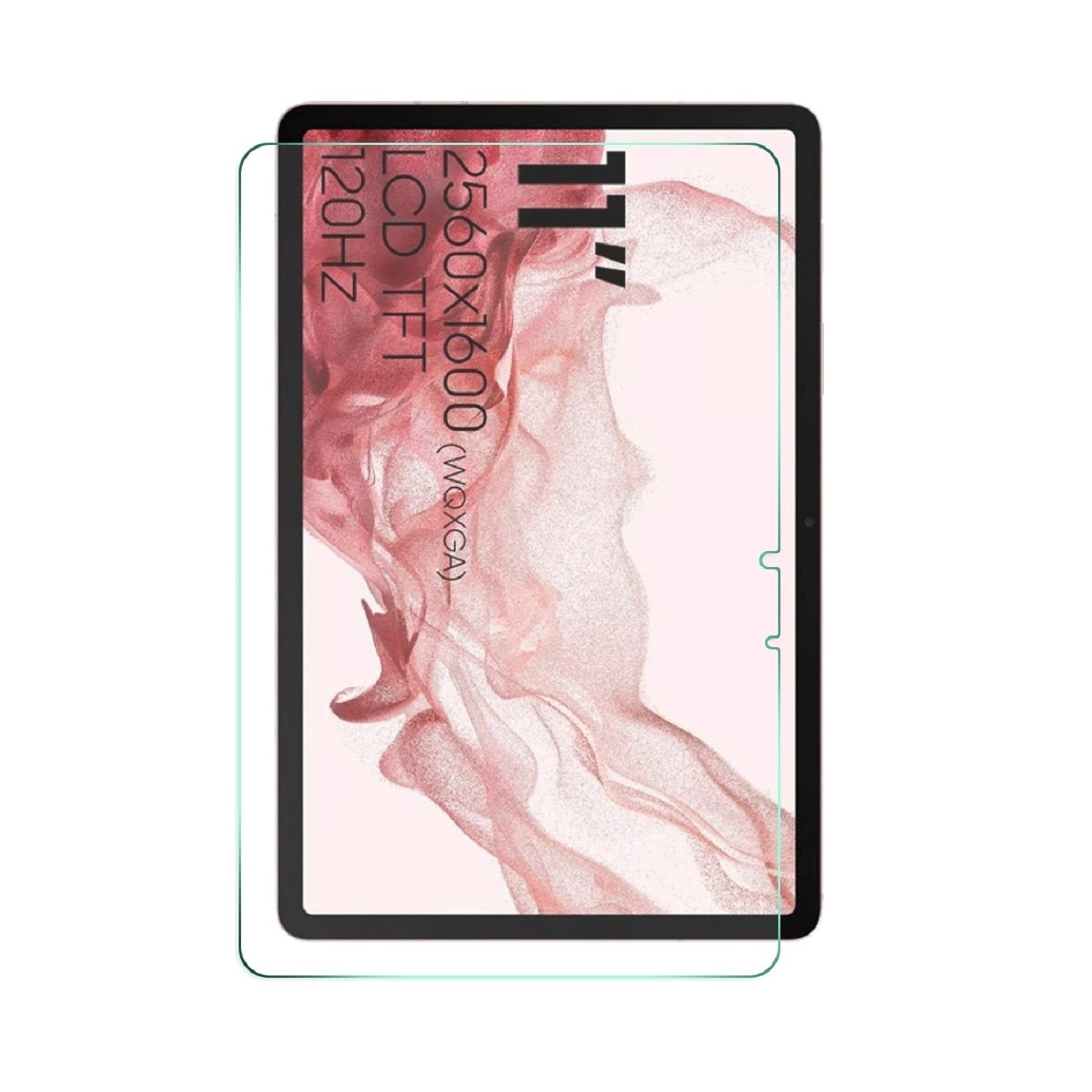 Ein Tablet mit Displayschutzfolie, das Text anzeigt: 11", 2560x1600, LCD TFT, 120Hz. Der Hintergrund hat ein rosa abstraktes Muster.