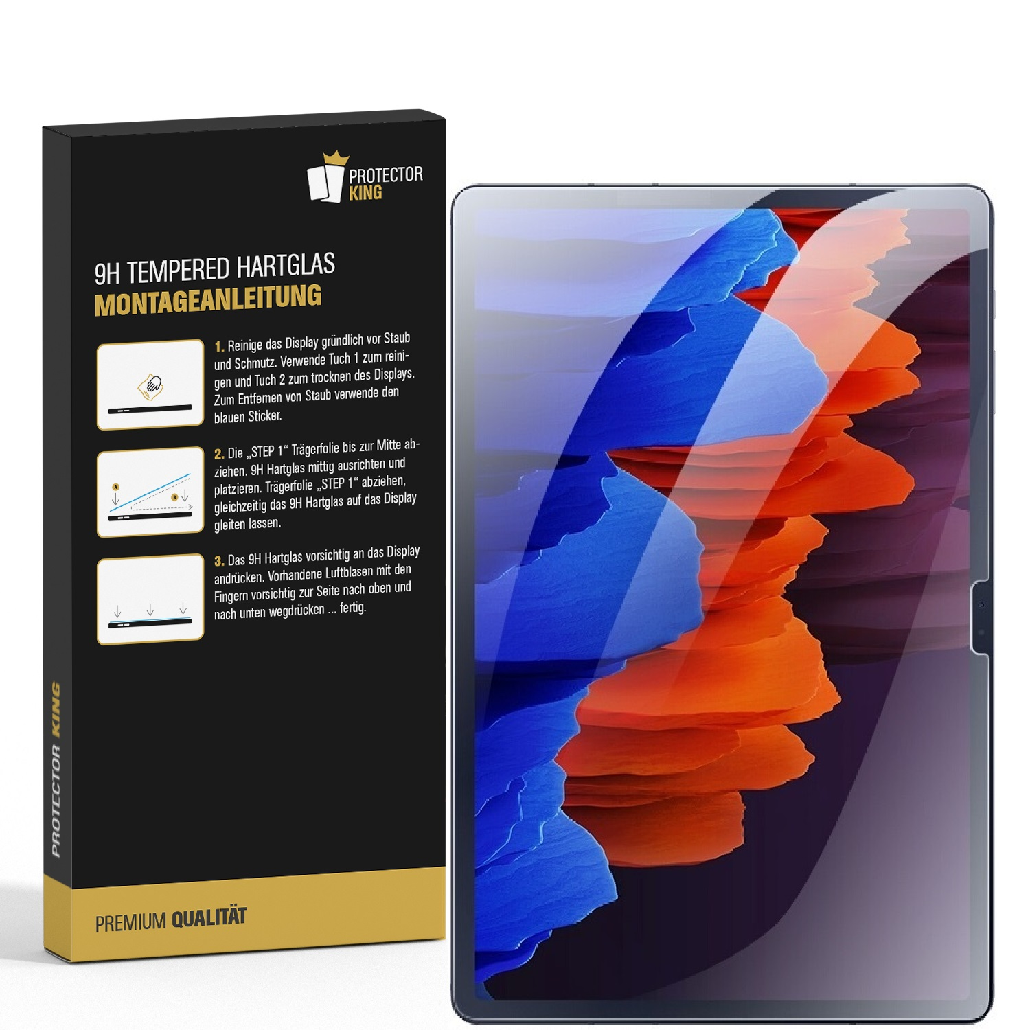 Ein Tablet mit Displayschutzfolie, eine Box mit Anweisungen. Die Box zeigt Text über gehärtetes Glas und Schritte zum Anbringen.
